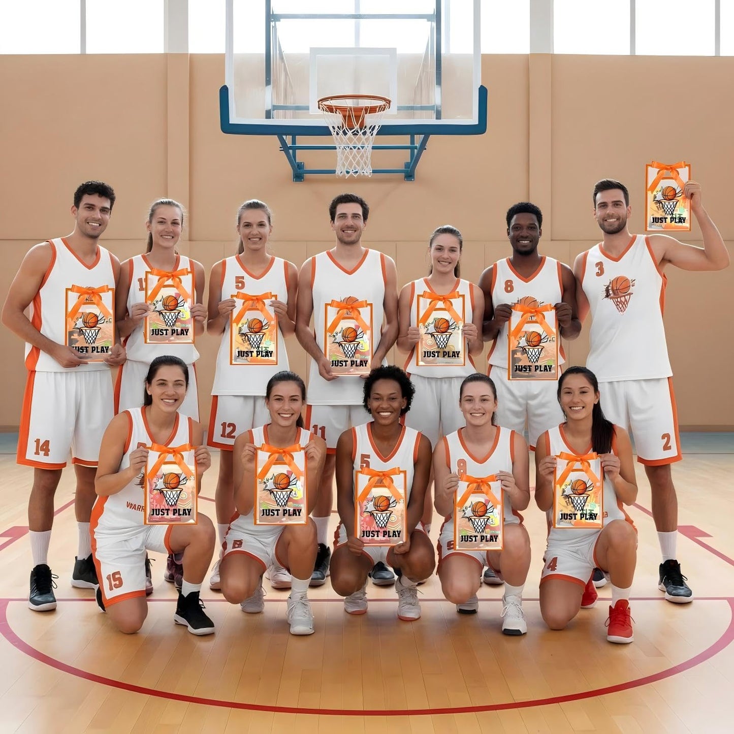 Aliceset 12 Pcs Basketball Clear Goodie Bag with Die Cut Handles and Ribbons Sport Theme Party Favor Bags for Basketball Team Snack Wrapping Teamer Gifts Birthday Party Treats Supplies, 7x10x3.15 Inch