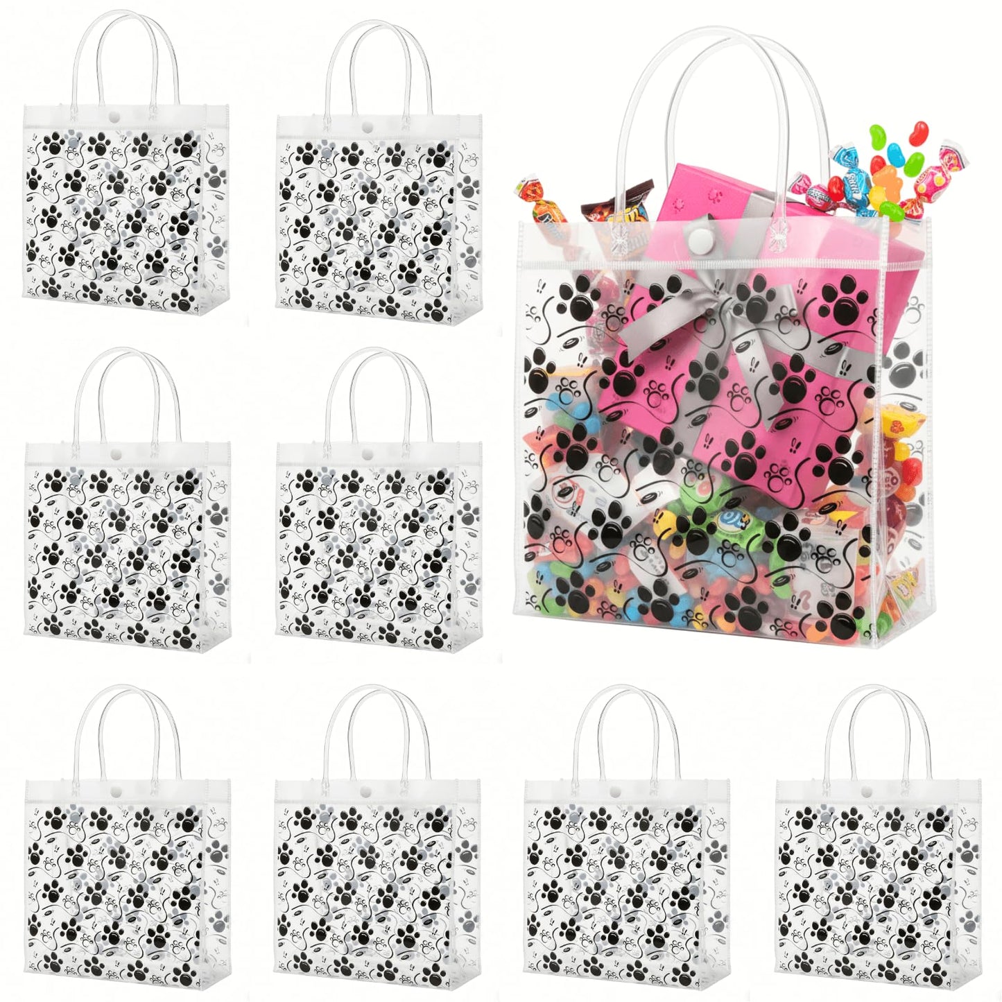 Youeon 30 Pcs Dog Paw Clear Gift Bags with Handles, 8x8x3 Inch Reusable PVC Treat Bags, Transparent Plastic Tote Bags for Pet Party, Birthday, Baby Shower, Candy, Cookie, Easter Favor Gifts