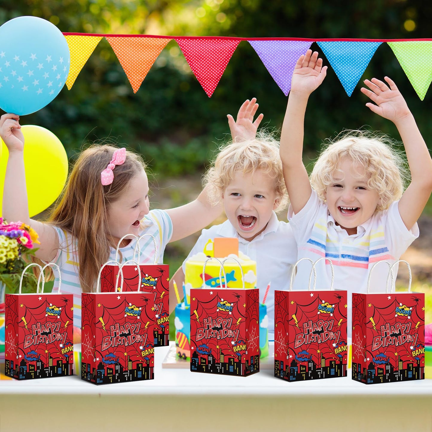 Denwiller 24 Pcs Red Spider Birthday Party Favor Bags with Handles, Happy Spider Candy Goodie Bags Red Gift Treat Wrapping for Boy’s Birthday Cartoon Party Supplies
