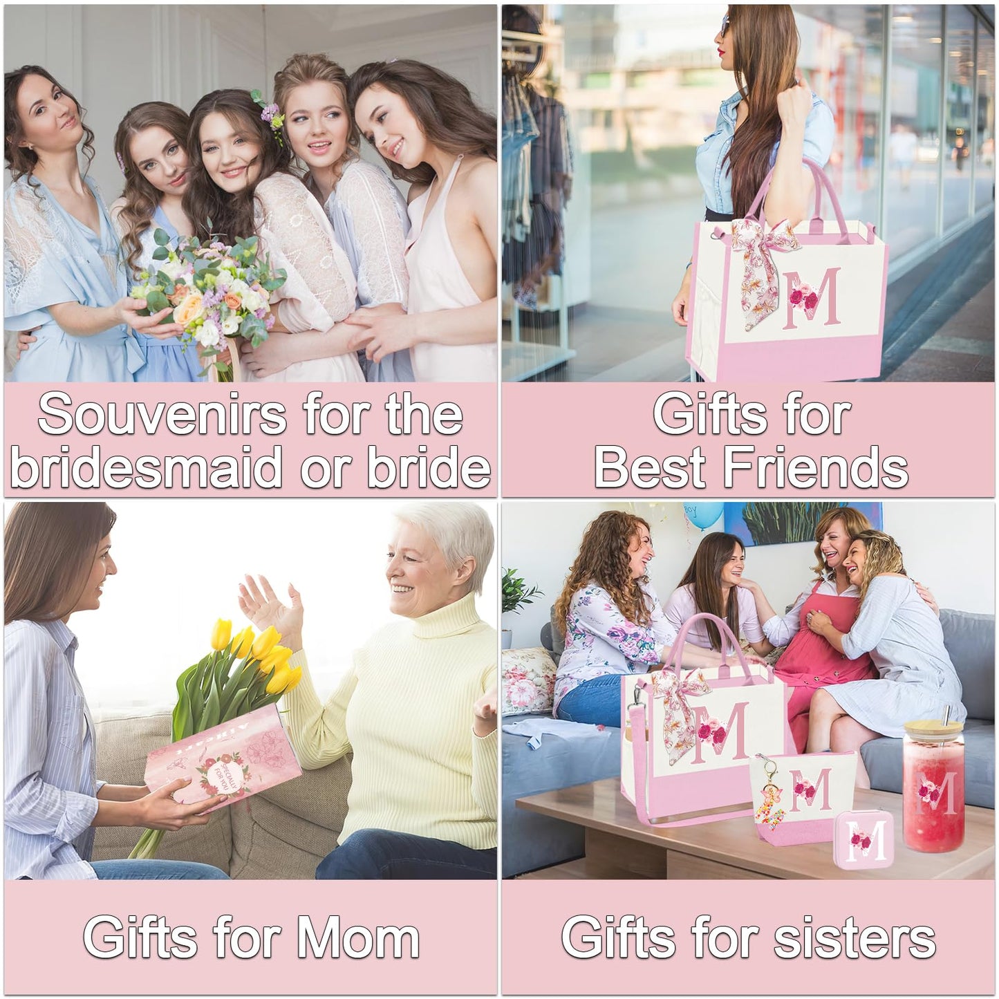 Mother's Day Gifts,Birthday Gift for Women,Initial Canvas Tote Bag,Personalized Gifts for Women,16oz Glass Cup With Straw,Jewelry Storage Box,Monogrammed Gift for Woman Mom Sister Bestie-M