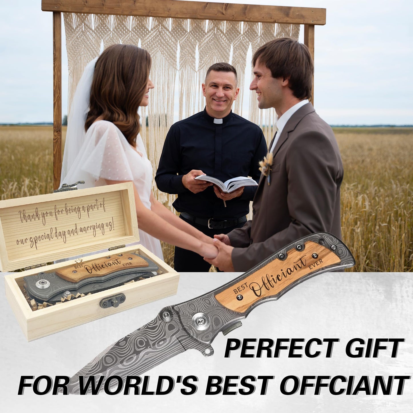 Wedding Officiant Engraved Pocket Knife Gifts for Men,Best Officiants Ever Gift from Couple, Thank You Gift Appreciation Gifts for Wedding Officiant, Pastor Gifts, Wooden Folding Knife with Wood Box