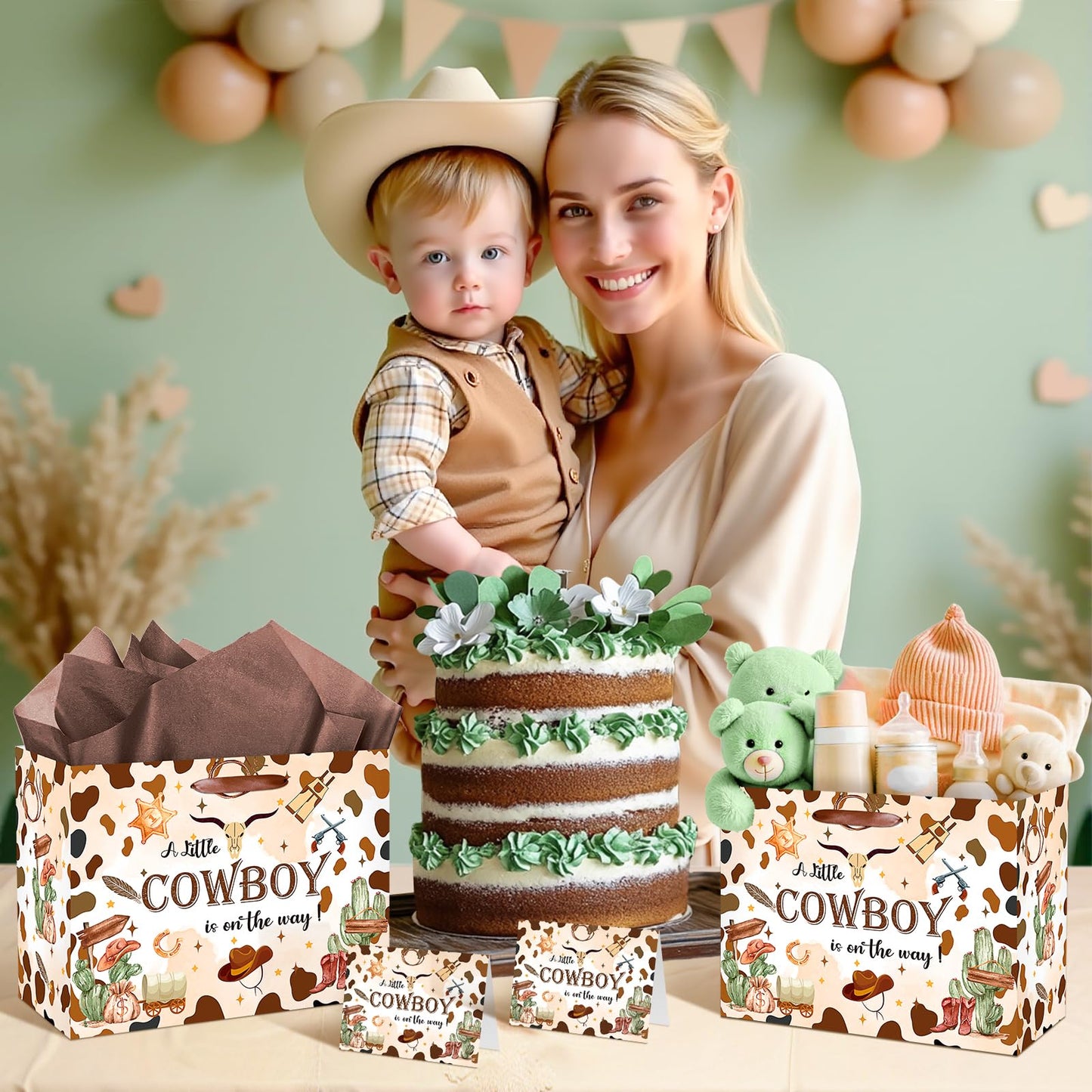 Frakron Cowboy Baby Shower Birthday Gift Bag for Baby Boys A Little Cowboy is On The Way Bag with Wrapping Paper Card Wild West Western Rodeo Gift Bag for Baby Shower Birthday Party Supplies
