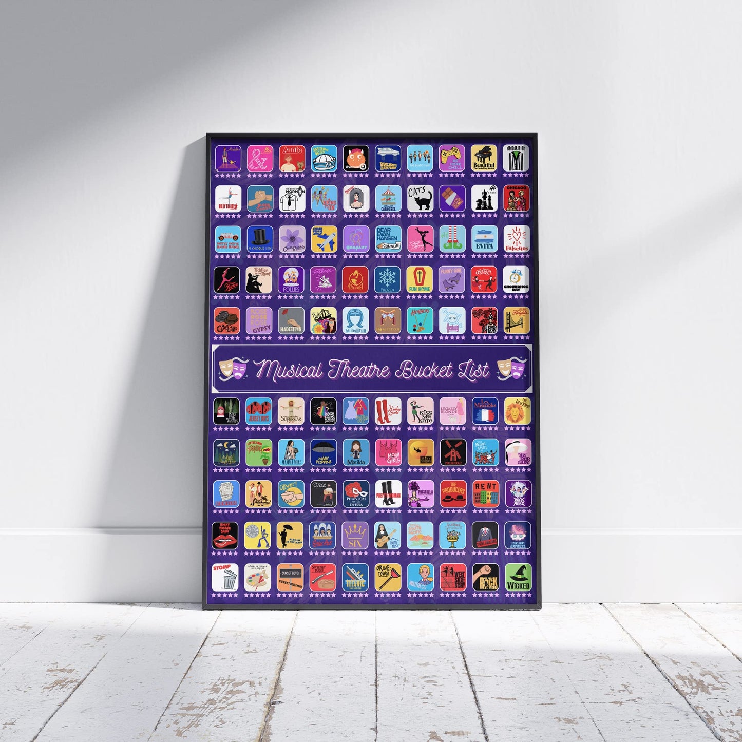 100 Musical Theater Shows Scratch Off Poster - Gift for Musical Theatre Fans & Broadway Lovers - 23"x17"