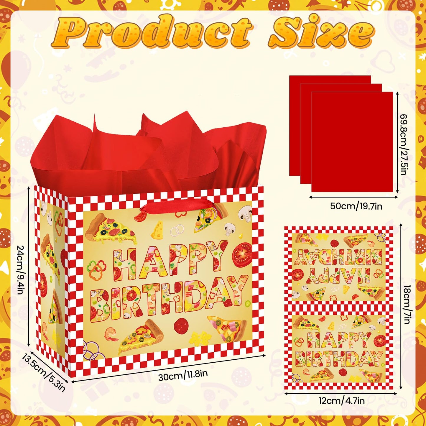 Woosytoo Pizza Birthday Decorations Bag Large Pizza Happy Birthday Paper Bag with Tissue Paper Card Pizza Bday Party Supplies for Kids Festival Bday Cooking Italy Theme Party Supplies