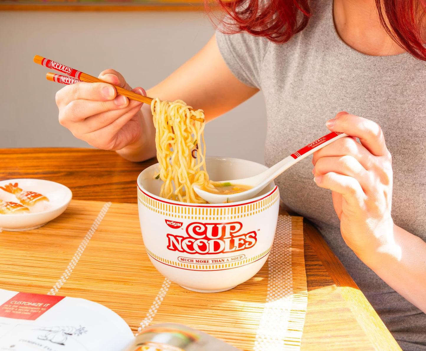 Silver Buffalo Nissin Cup of Noodles “Much More Than a Soup” Ceramic Ramen Bowl Set with Chopsticks and Spoon, 20 Ounces