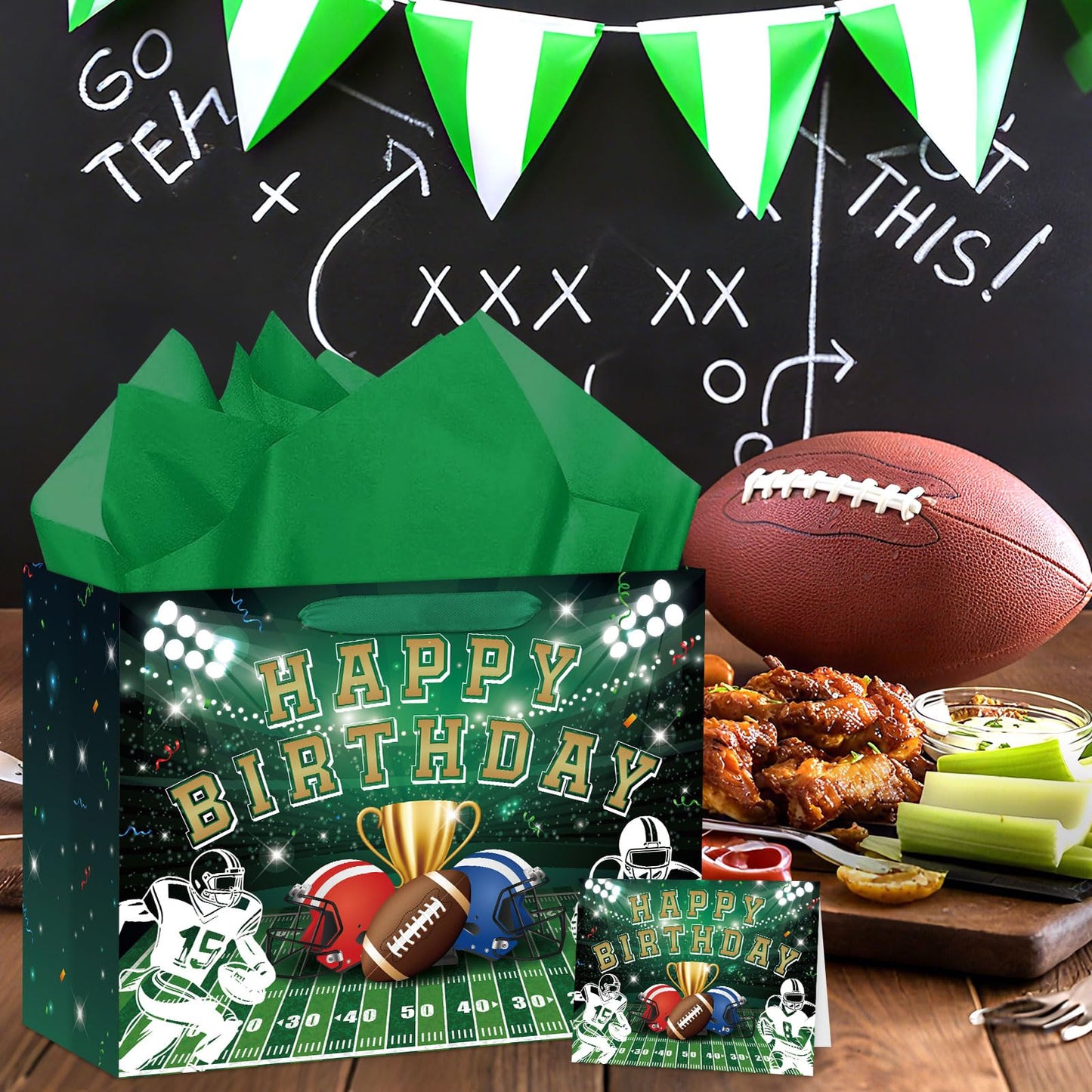 Hooqict Large Football Gift Bag with Handles, Tissue Paper and Greeting Card Football Birthday Party Gift Wrapping Bag for Boys Men Sport Themed Goodie Treat Party Favors