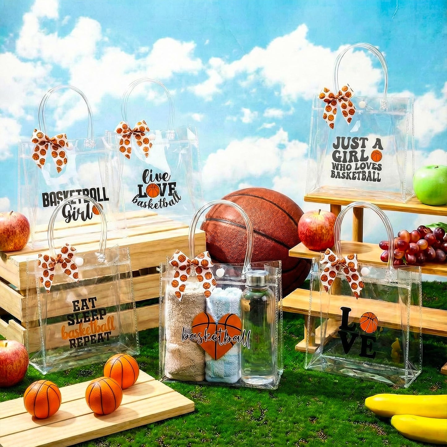 Vicenpal 12 Sets Clear Basketball Gift Bag with Handles 12 Pcs Bows PVC Plastic Basketball Treat Goodie Snack Bags 7.9 x 7.9 x 3.1'' Sport Theme Party Favors for Birthday Holiday Sports Team Gifts