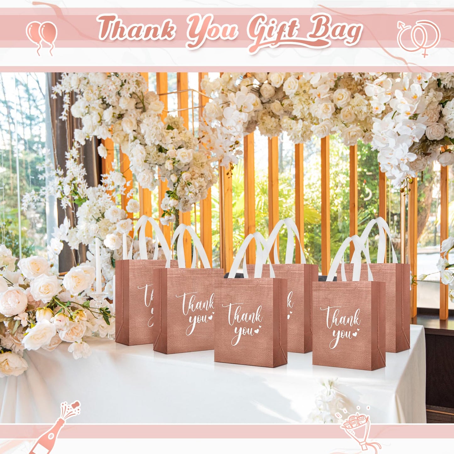 Sweetude 30 Pcs Thank You Gift Bags with Handles, Reusable Non Woven Foldable Goodie Bags Bulk for Graduation Teacher Appreciation Wedding Bridesmaid Favors(10 x 8 x 4 Inch,Rose Gold)