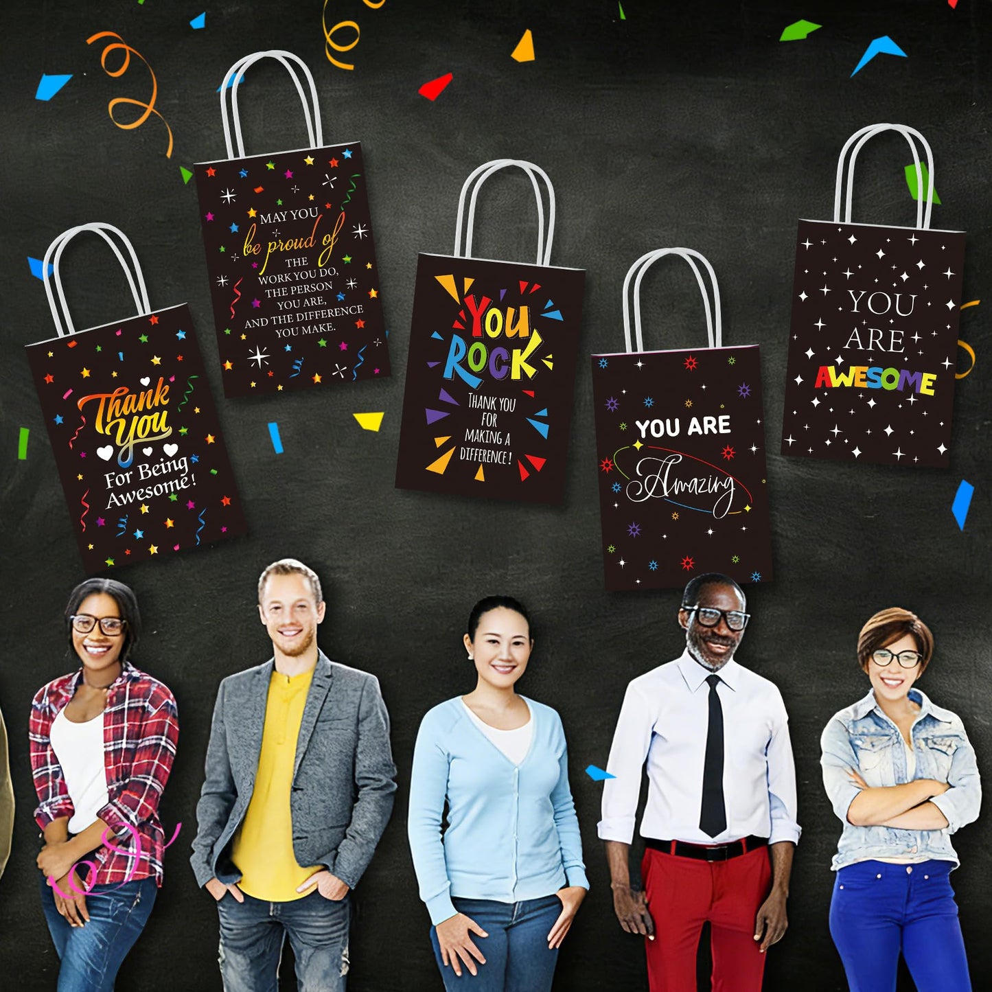 50 Pcs Thank You Gift Bags Team Employee Appreciation Gifts Bulk, Motivational Inspirational Paper Goodie Bags for Coworker Teacher Nurse Colleague Holiday Party Favor Supplies (Confetti Streamers)