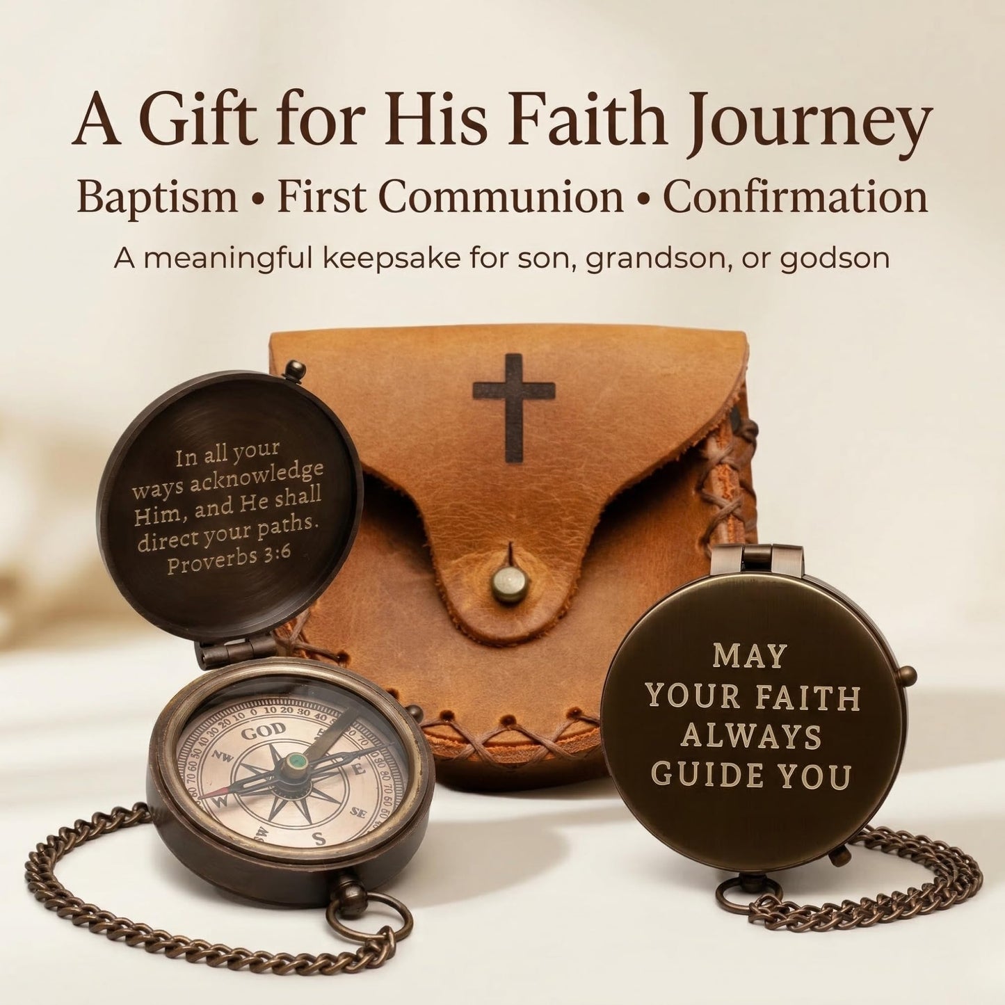 Baptism Gifts for Boys – Confirmation & First Communion Compass Gift – Catholic Christian Brass Pocket Compass with Scripture – Religious Keepsake for Christening – Gift for Godson, Son, or Grandson