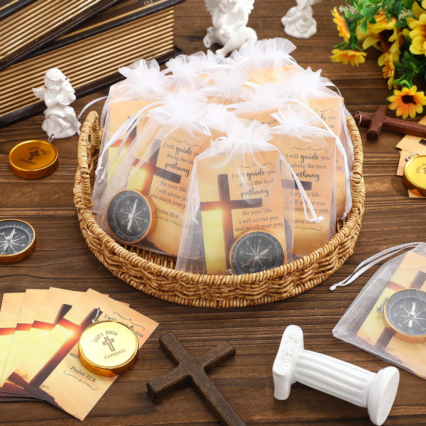 Relaxweex 24 Set Mini Christian Compass Christian Gift for Men Compass with Cards and White Drawstring Organza Bag Bible Scripture Cards Religious Gifts for Men Graduation Gift Wedding