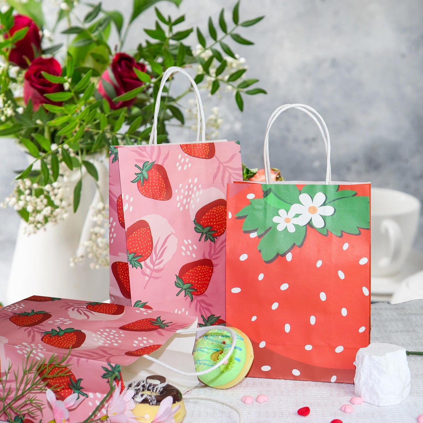 W WINTMING 16Pcs Strawberry Party Favor Bags Strawberry Gift Bags with Handles Pink Red Paper Goodie Bags Cute Fruit Candy Bags for Summer Birthday Party Decoration