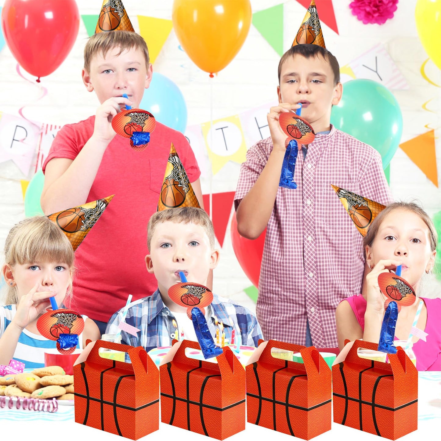 Chinco 12 Pieces Basketball Goody Box Party Favor Bags Sports Gift Candy Goodie Bags Basketball Party Favors Treat Boxes with Handles Gift Supplies Decorations for Baby Shower Adult Birthday