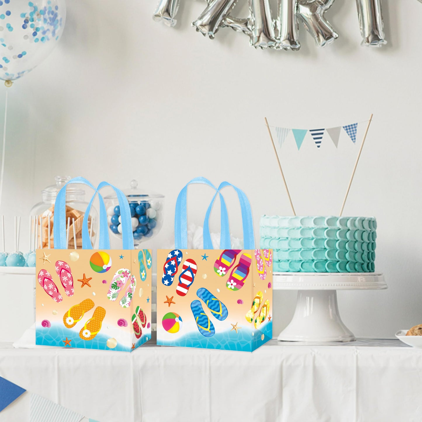 C L cooper life 12pcs Beach Flip-Flop Gift Treat Bags with Handles Summer Party Grocery Shopping Bags Flip-flop Beach Ball Theme Non-Woven Bag for Hello Summer Birthday Party Supplies