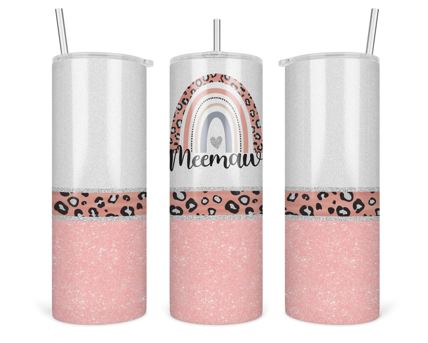Leopard Meemaw Rainbow Tumbler - Mothers Day Gift - Travel Cup With Straw and Lid - 20 Oz Insulated Stainless Steel