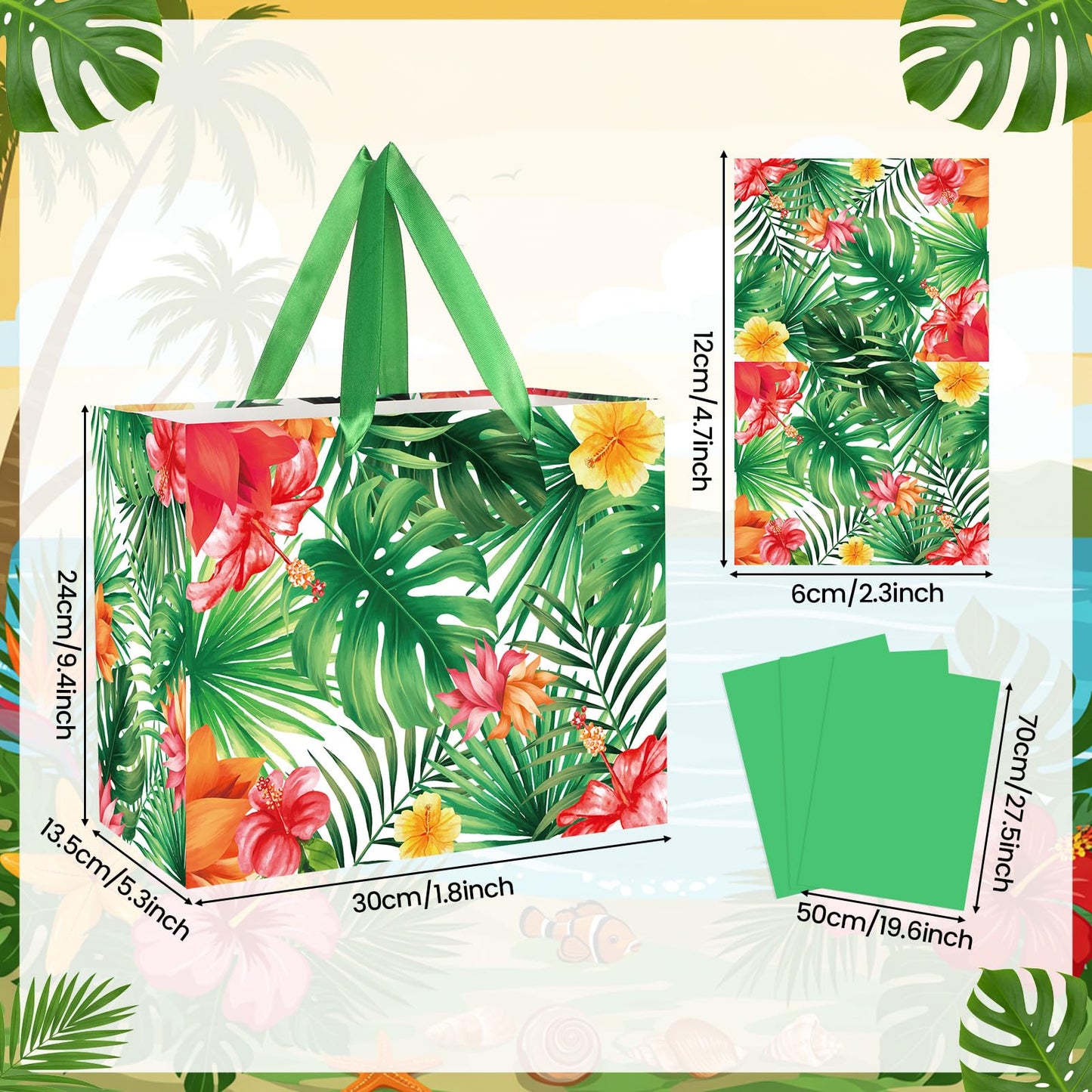 Luau Hawaiian Gift Bag Aloha Tropical Birthday Wrapping Paper Bag with Tissue Paper and Greeting Card Summer Palm Leaves Goodie Treat Bags for Baby Showers Birthday Hawaii Party Decor Supplies
