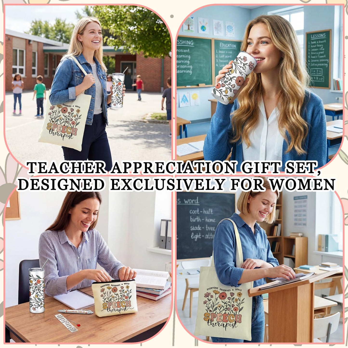Geiserailie 6 Pcs Speech Therapy Gifts Speech Language Pathologist Appreciation Gifts Set with 20 oz Tumbler Tote Makeup Bag Card Pen for SLP Assistant Therapist Pathologist