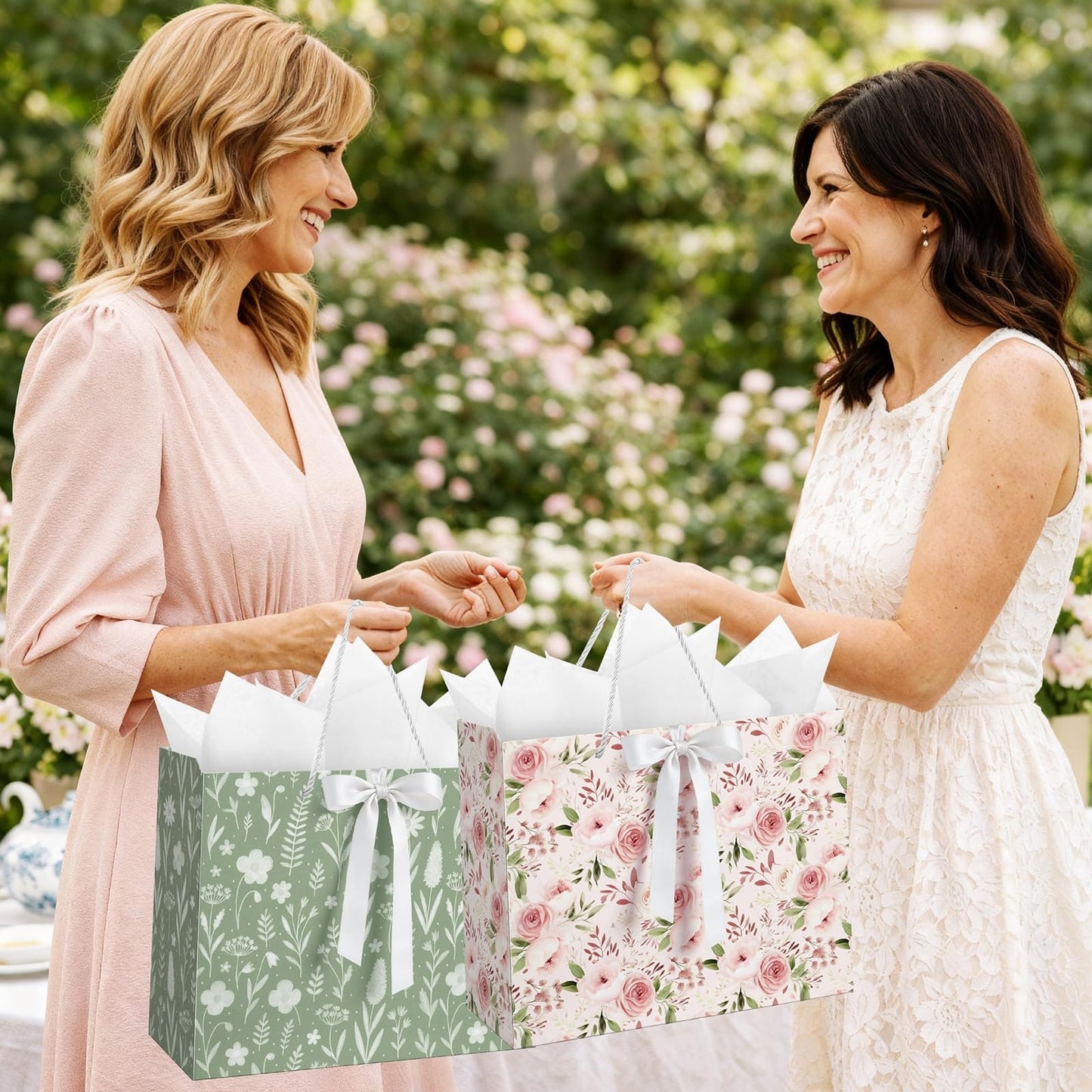 Silkfly 2 Pack Large Floral Gift Bags with Tissue Paper Ribbon Card & Envelope 13'' Flower Gift Bags for Woman Wedding Bridal Shower Baby Shower Birthday Spring Tea Party Flower Girl