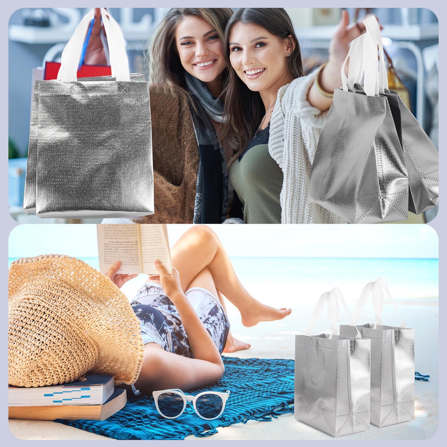 Eccliy 80 Pcs Reusable Gift Bags Set Glossy Grocery Gift Tote Bag with Hadnle for Wedding, Father's Day, Graduation, Summer Event (10 x 8 x 4.7 Inch,Silver)