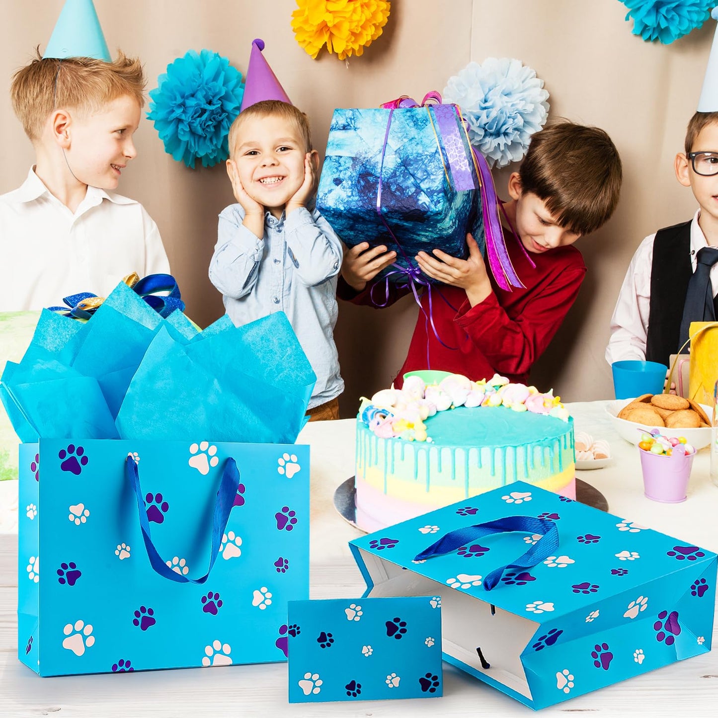 Hongplus Blue Dog Paw Gift Bag Set with Tissue Paper Card & Wrapping Paper for Boys Girls Kids Baby Shower Birthday Party Decorations