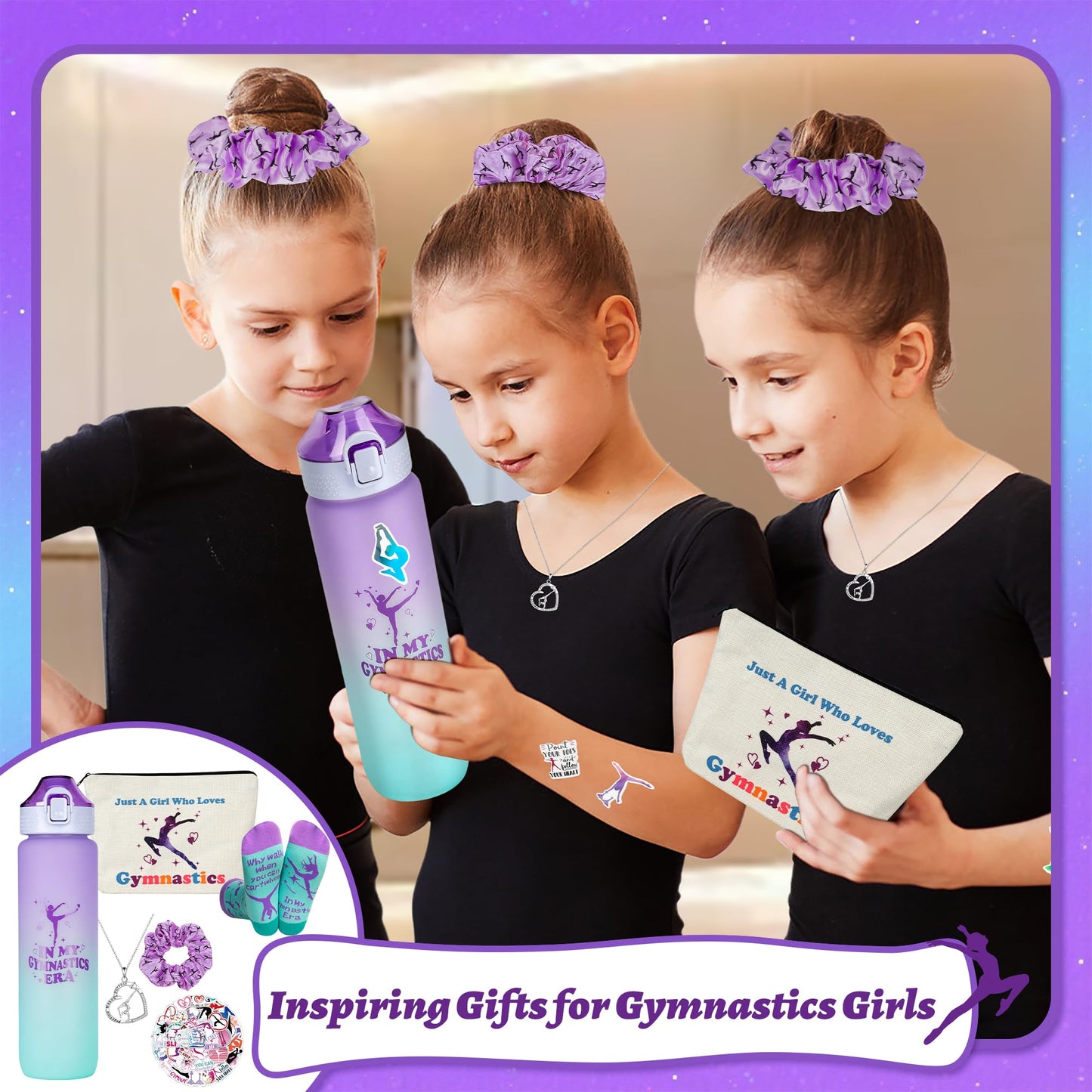 Gymnastics Gifts for Girls - Gymnastics Water Bottle, Cosmetic Bag, Necklace, Scrunchie, Socks, 50 Pcs Stickers - Gymnastics Party Favors for Girls, Birthday Gifts for Gymnastics Lovers