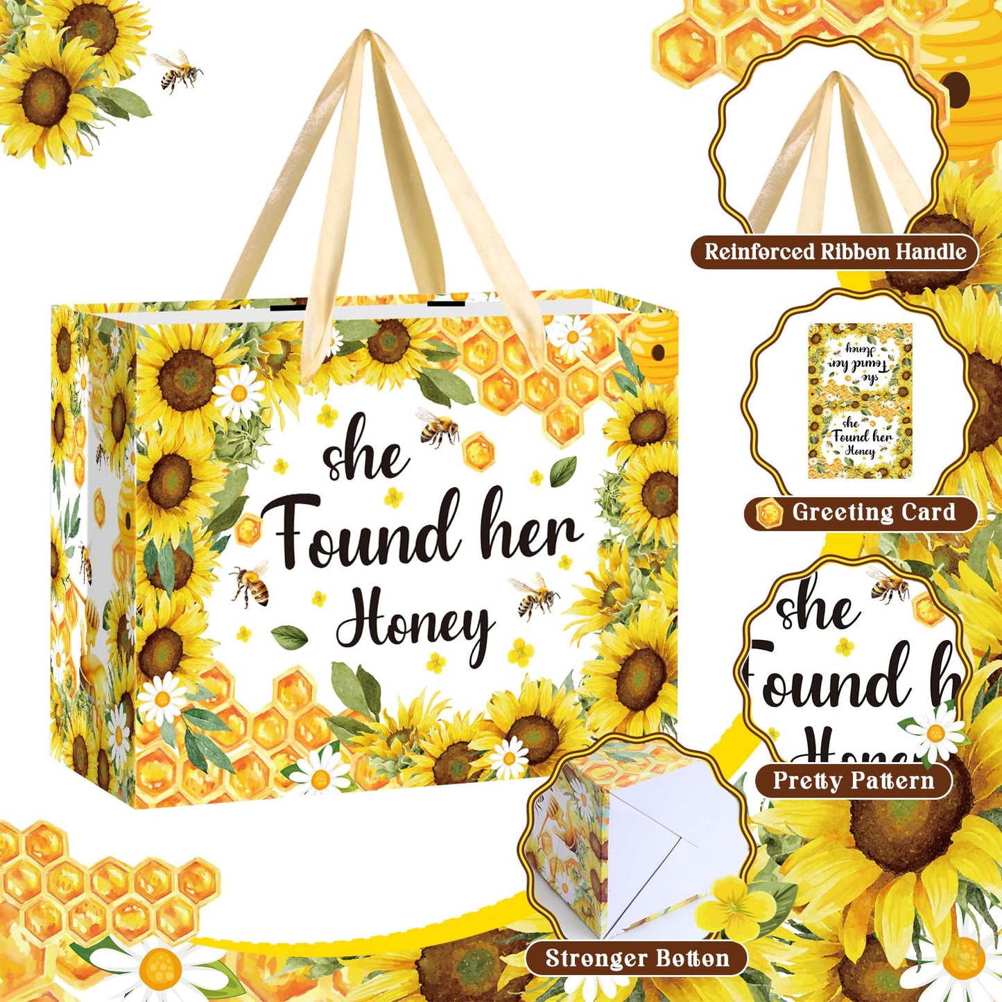Woosytoo Bridal Shower Gift Bag Bee Bridal Shower Decorations She Found Her Honey Gift Wrapping Paper Bag with Greeting Card or Engagement Bride to Be Wedding Party, Bachelorette Party Supplies