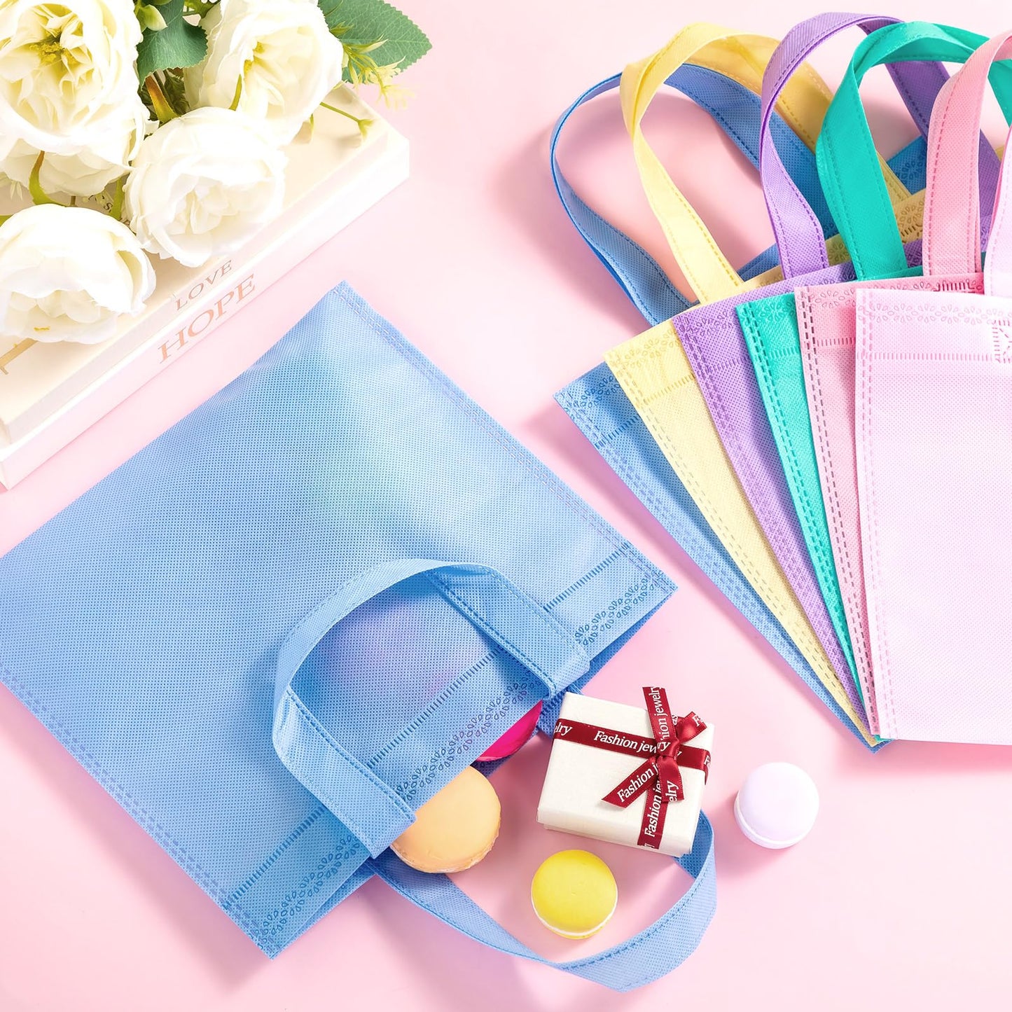 Sunnymove 18 Pcs Pastel Gift Bags Bulk with Handles, Small Non Woven Reusable Party Favor Bags, Treat Goodie Totes for Birthday, Baby Shower, Wedding, Bridal Shower, Graduation Supply