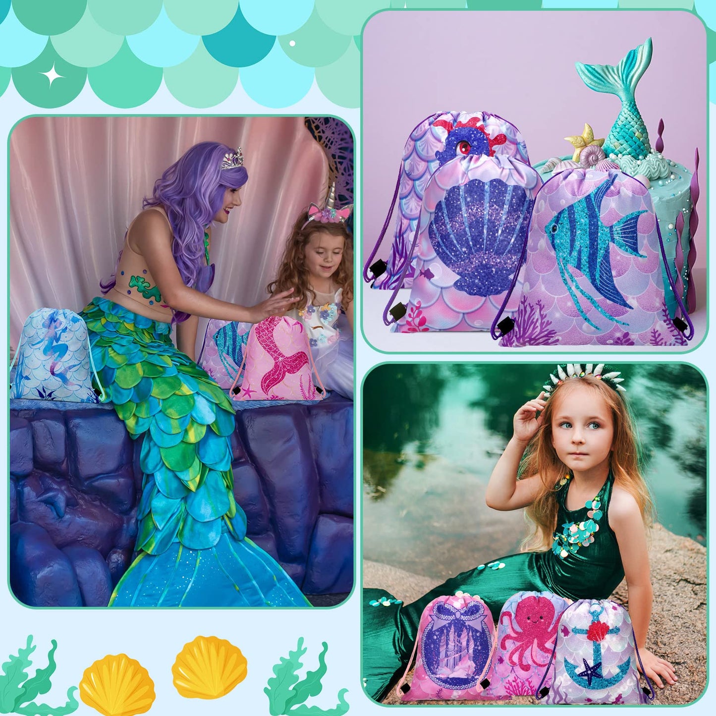 Shappy 24 Pack Drawstring Party Favors Bags Cartoon Animal Candy Goodie for Boys Birthday Kids Gift Return Girls Supplies(Mermaid)