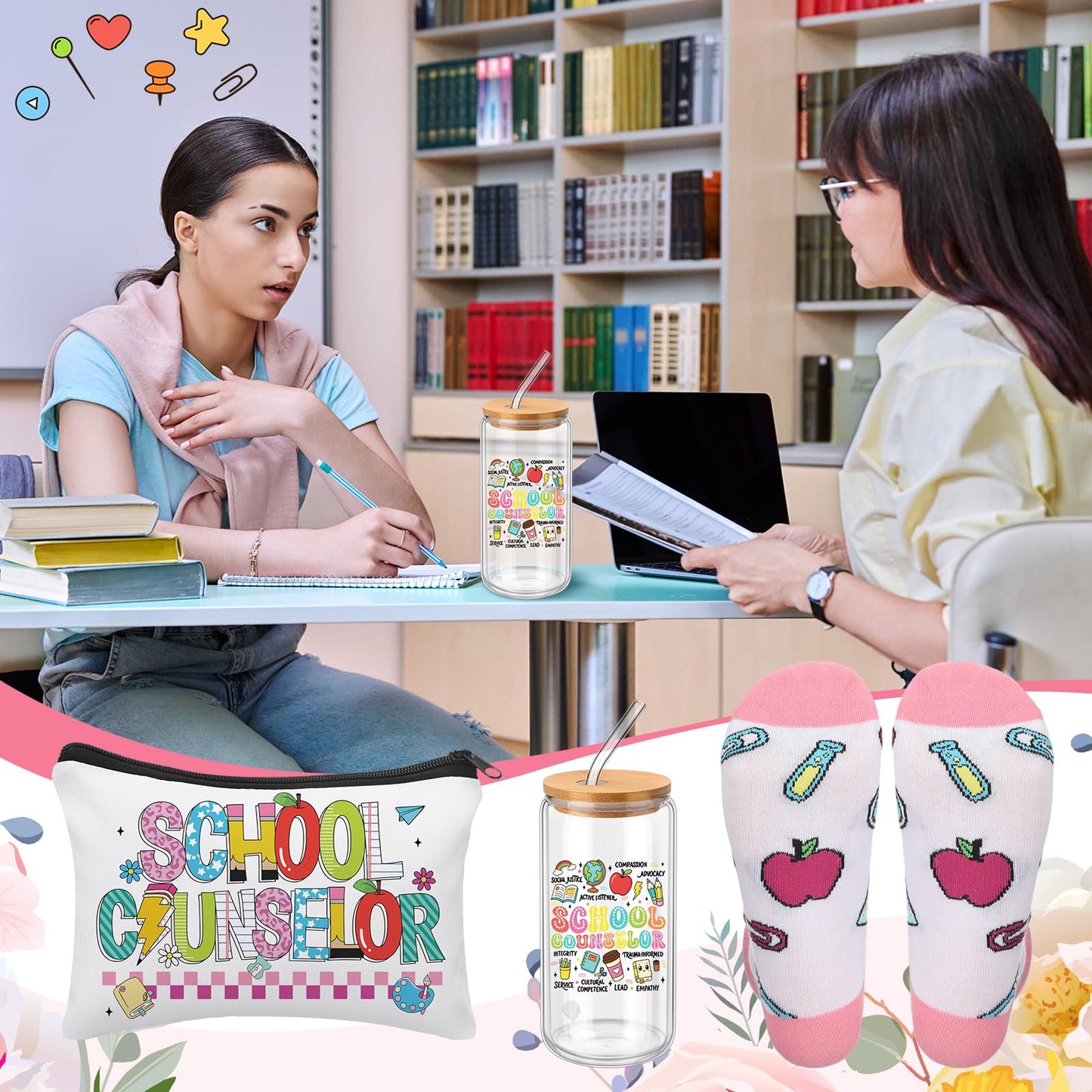 Skylety 5 Pcs School Counselor Week Gifts for Women Counselor Appreciation Gift Glass Cup Sock Cosmetic Bag Badge Holder Thank You School Counselors Gift Box for Schools Counseling Week Teacher