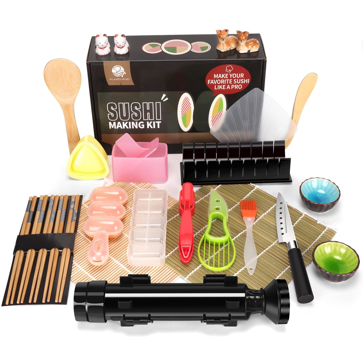 FUNGYAND Sushi Making Kit, 27-in-1 Professional Maker Set with Bazooka Roller, Nigiri & Musubi Presses, Bamboo Mats, Knife, Chopsticks, Ceramic Dishes - Ideal for Beginners