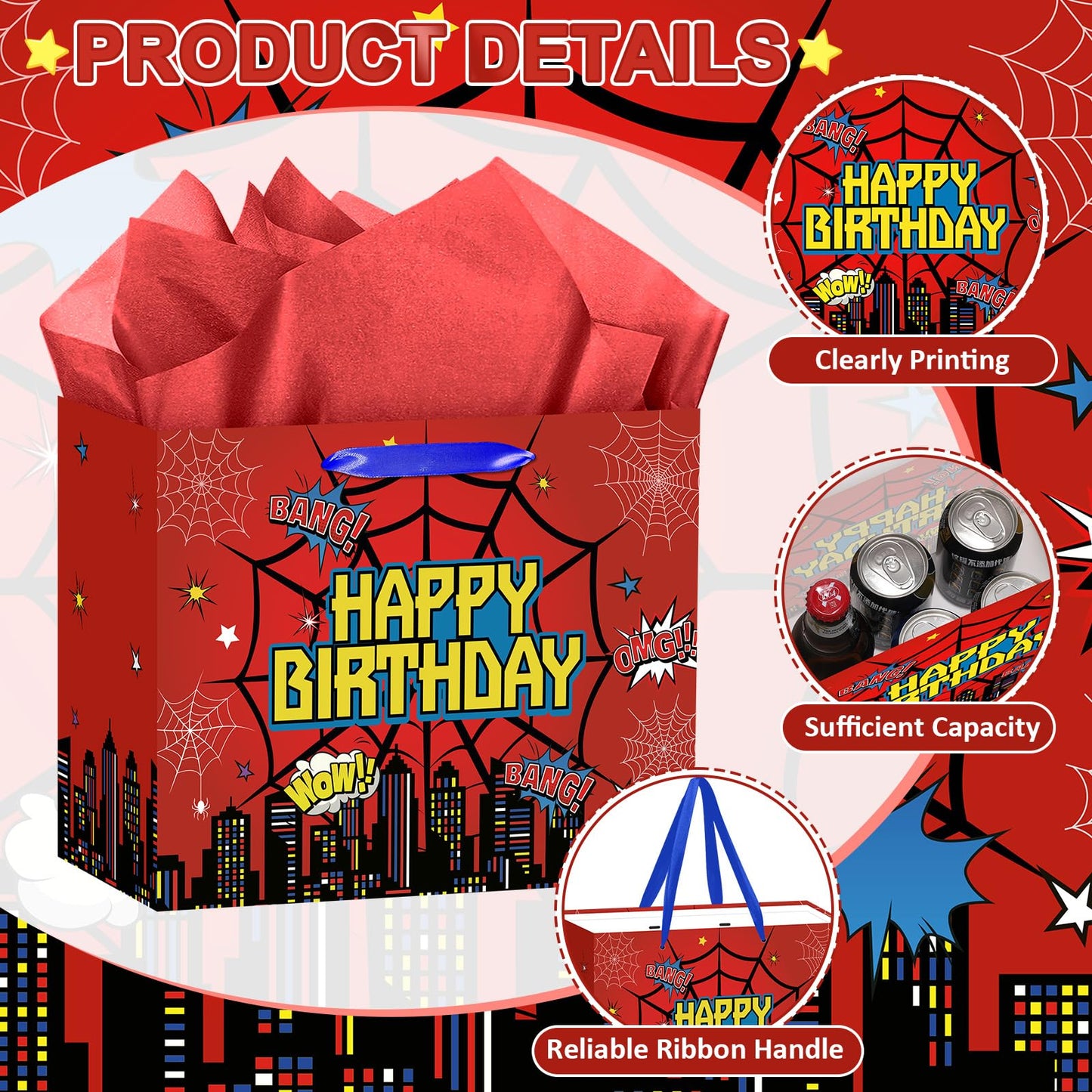 MOORIIY Hero Birthday Gift Bag with Greeting Card and Red Wrapping Paper, Spider Theme Birthday Gift Bag Red Heros Favors Bags for Men Kids Baby Shower Party Decor Supplies