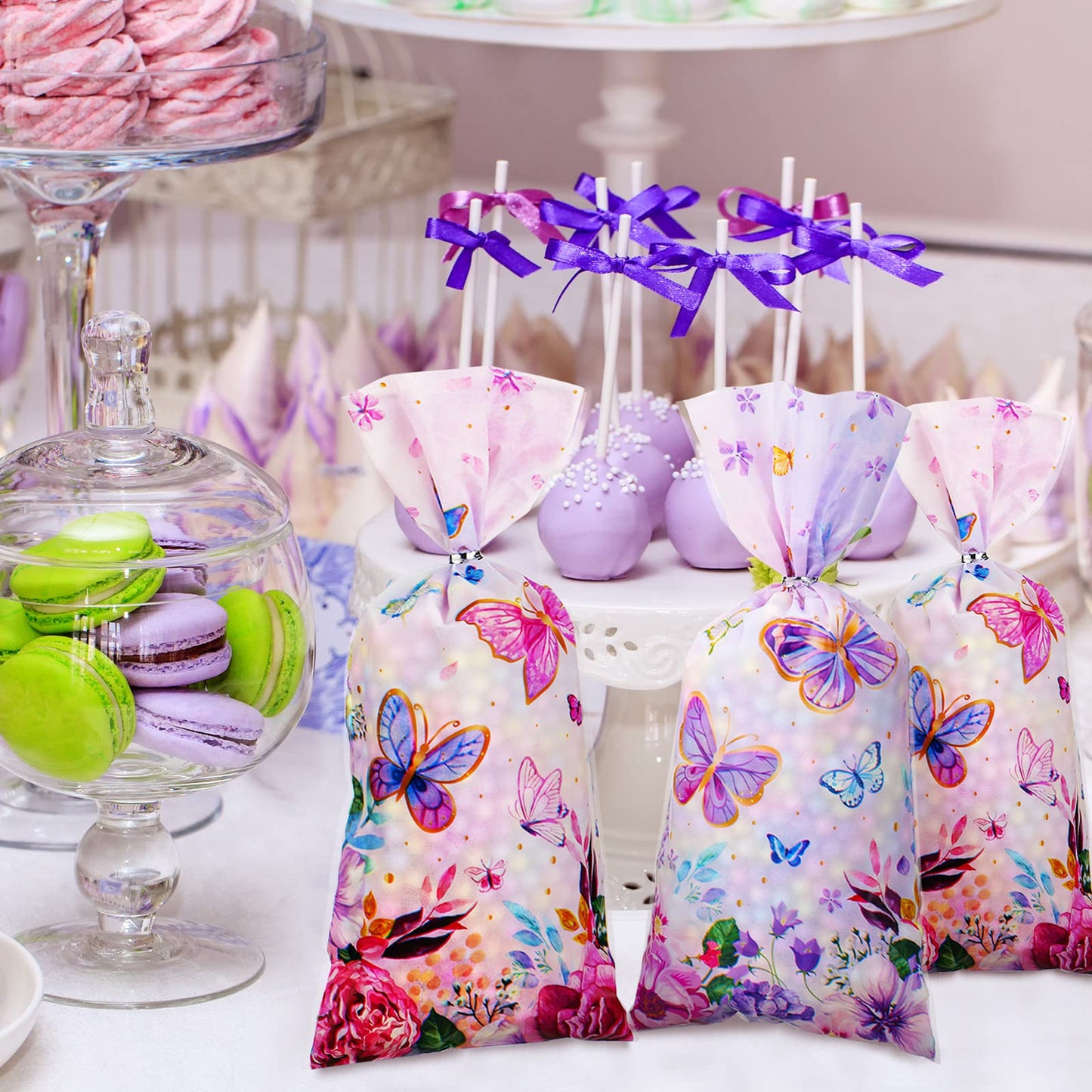 100 Pcs Butterfly Gift Bags - 10.8 x 5 Inch Butterfly Goodie Bags Cellophane Spring Flower Treat Candy Bag Party Favor Bag with 150 Twist Ties for Girls Butterflies Baby Shower Birthday Party Supplies