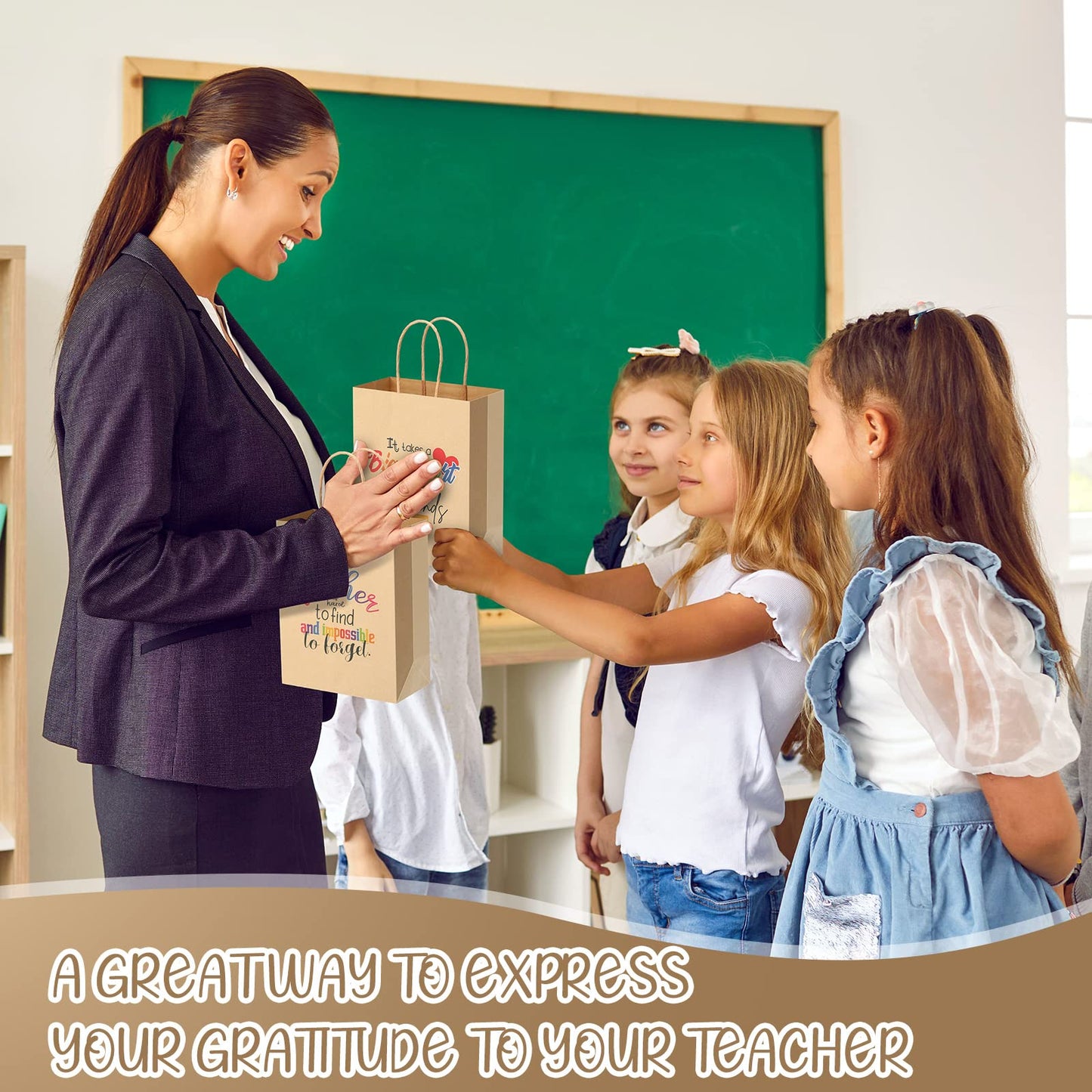 PerKoop 36 Pcs Teacher Appreciation Gift Paper Bag with Handles, Thank You Teacher Treat Present Bags for Teacher Appreciation Week, Birthday, Christmas Supplies(Kraft)