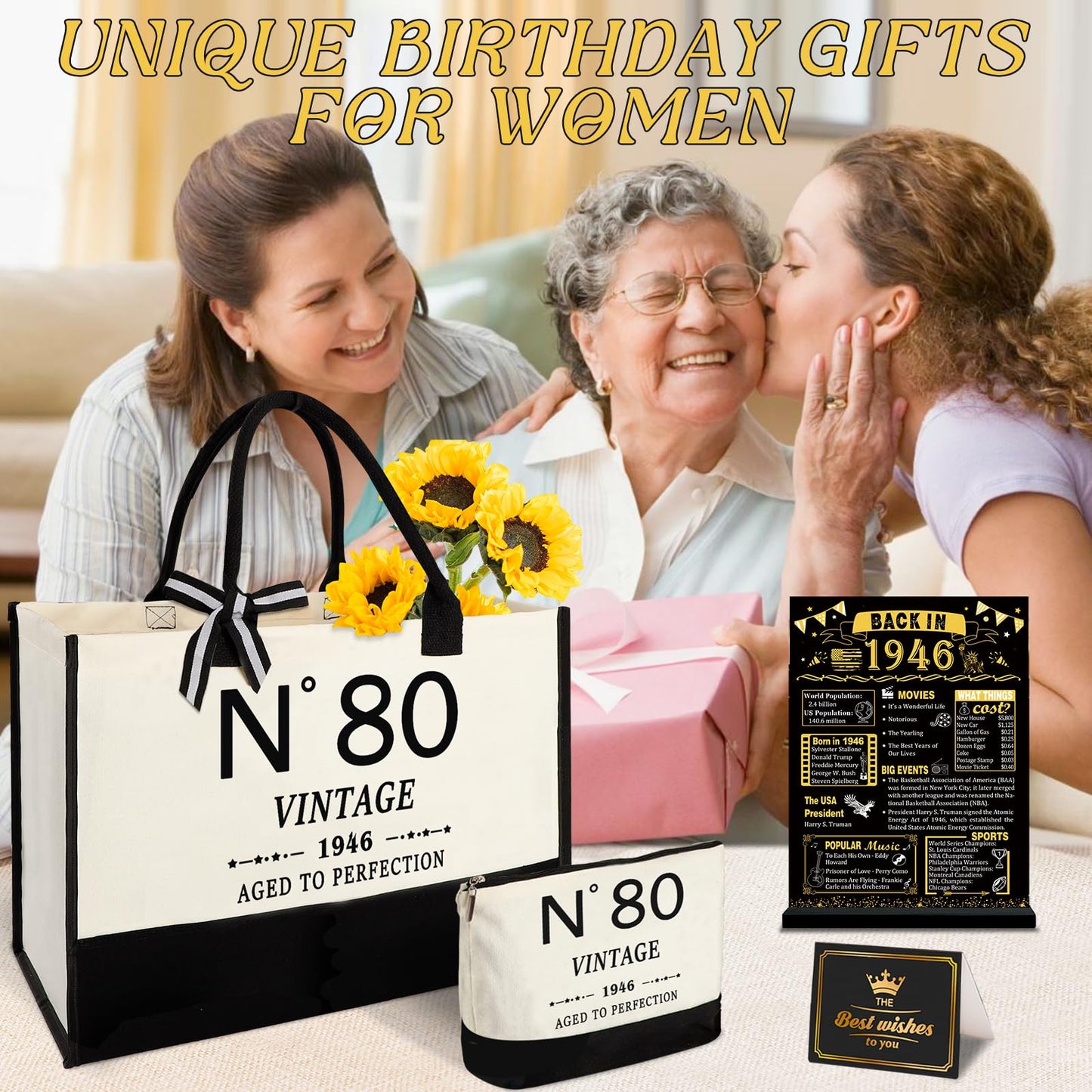 YeohJoy 80th Birthday Gifts for Women Canvas Tote Bag Travel Gear, Unique 80 Years Old Gifts for Wife Mom Sister Aunt Friends Her, Vintage N°80 Handbag & Cosmetic Bag & Back in 1946 Poster