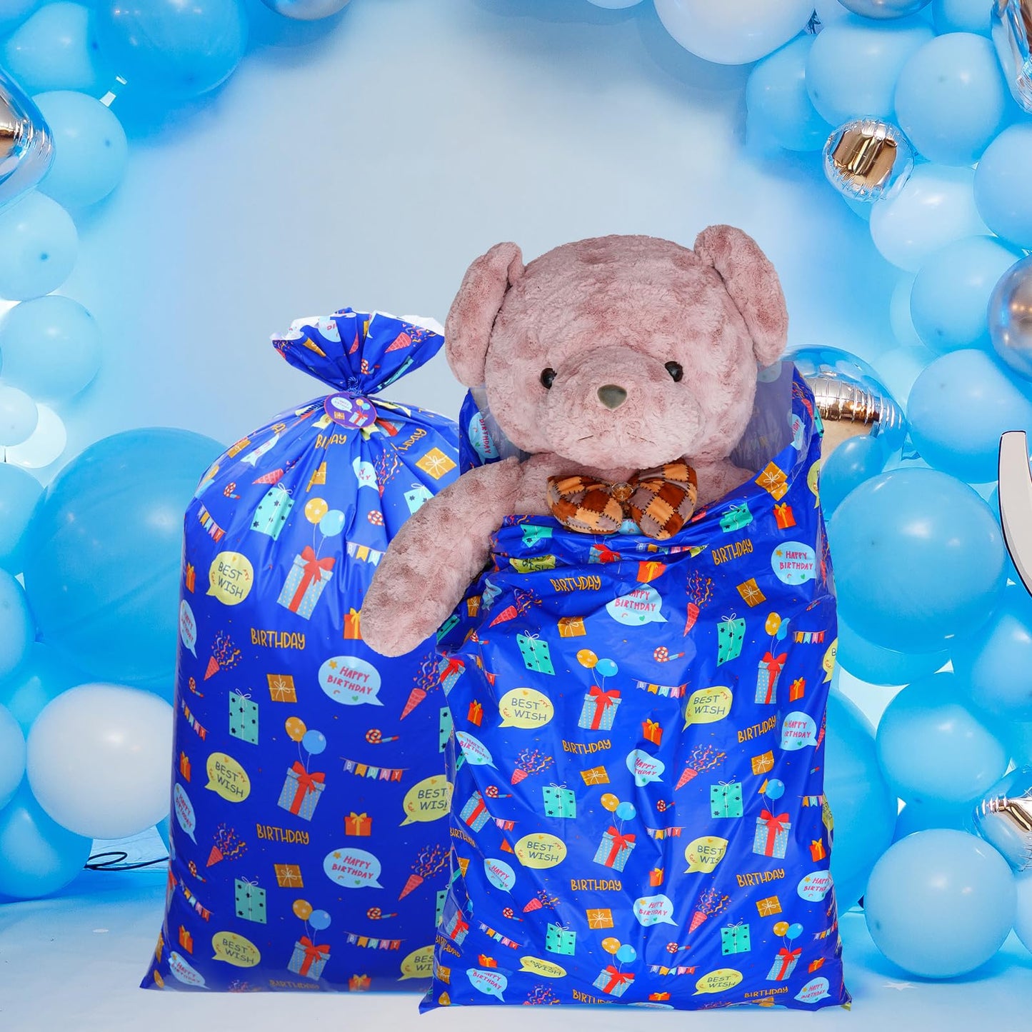 Plauthus 56” Jumbo Plastic Gift Bag, Extra Lager Birthday Gift Bag for Giant Gift (Patterns of Gift Boxes and Greeting Words) for Kids, Boys Teens Birthday (Boy-Blue)
