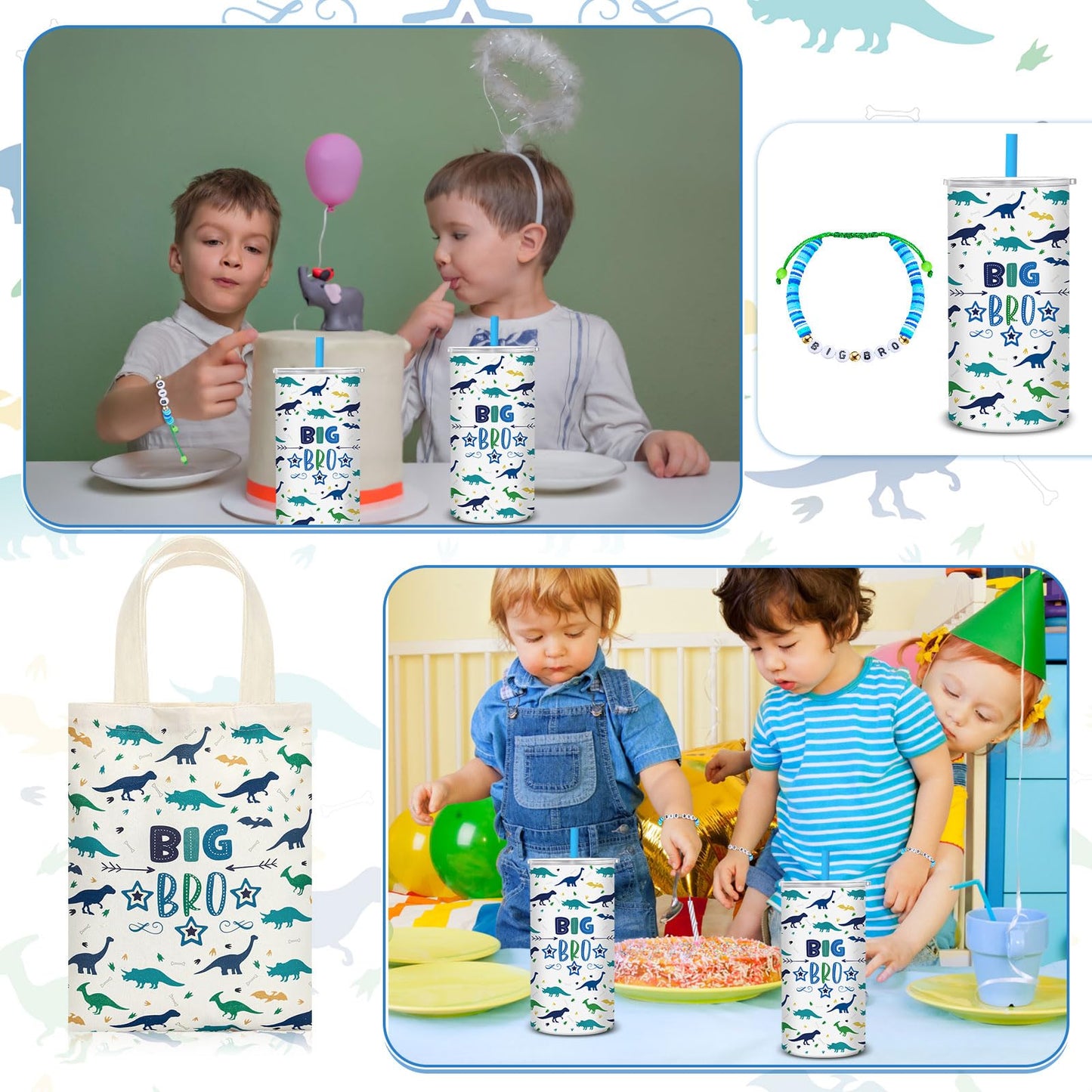 Shinylin 3 Pcs Big Brother Gift for Boy 12 oz Big Brother Cup Blue Stainless Steel Mug Vacuum Insulated Tumbler with Leakproof Lid and Straw Canvas Tote Bag and Bracelet for Little Boys