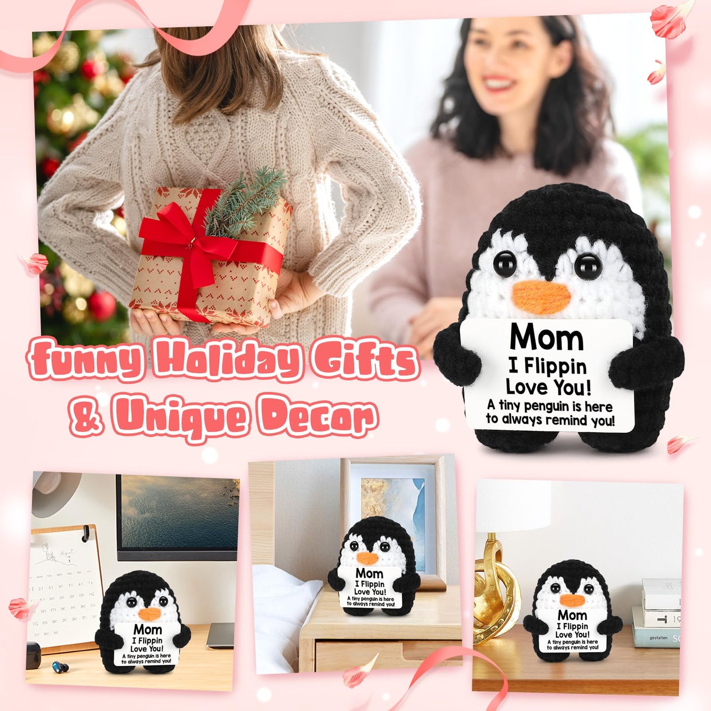 Mothers Day Birthday Gifts for Mom from Daughter Son, Handmade Crochet Mini Penguin Mom Gifts for Mother‘s Day Birthday Mama Mommy Mother in Law Bonus Step, Funny I Love You Moms Small Cute Decor