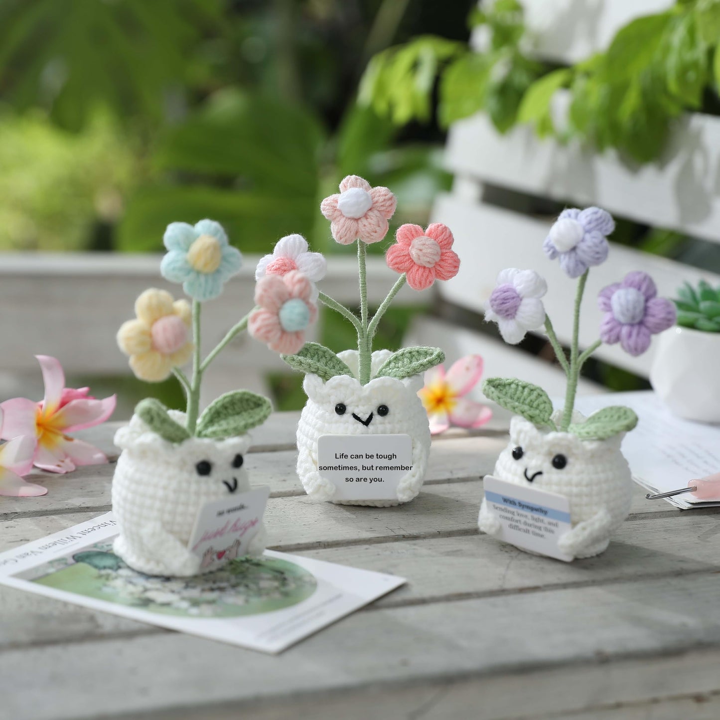 YOOJEE Mental Health Crochet Flower Pot, Positive Stress Relief Desk Decor with Card “Life Can Be Tough But So are You”, Handmade Emotional Support Gift