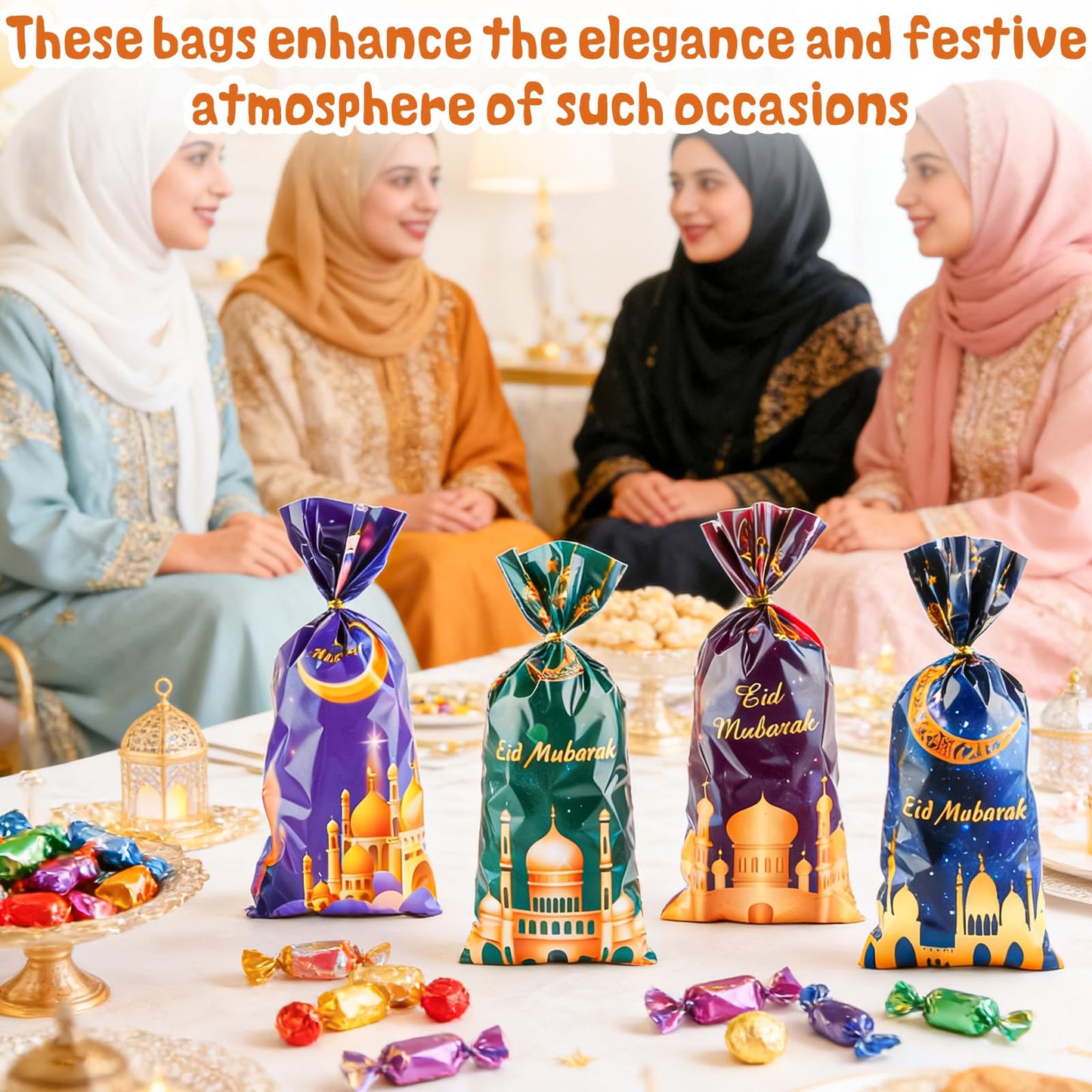 LERCTH 50 PCS Ramadan Eid Mubarak Gift Bags with Gold Twist Ties - 4.9x10.7 Inch Metallic Foil Treat Bags, Moon Star Design Party Favor Bags for Islamic Holiday Celebrations