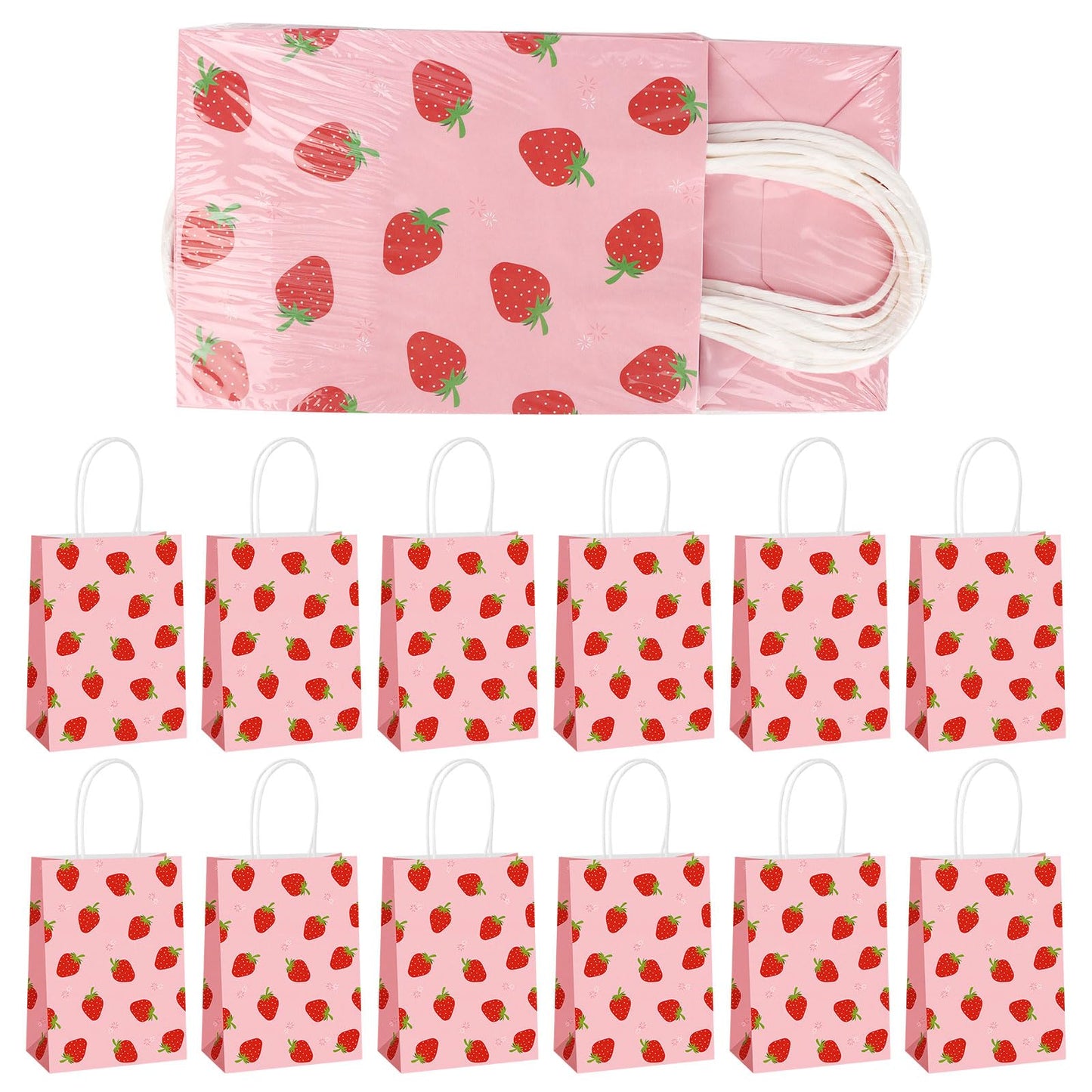 Lemicin 12 Pcs Strawberry Gift Bags Strawberry Party Favor Gift Bags Pink Berry Sweet Paper Candy Treat Goodie Bag with Handles for Birthday Baby Shower Summer Holiday Party Supplies