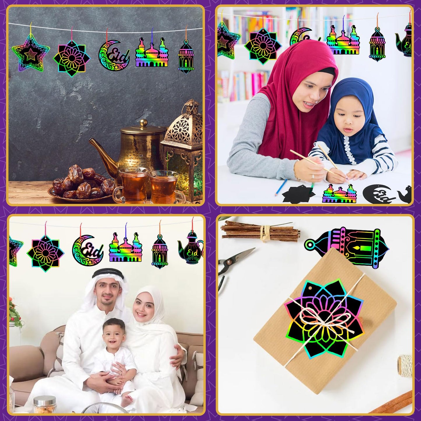 FEBSNOW 48 PCS Ramadan Crafts for Kids, Magic Rainbow Scratch Art Paper Cards for Kids Ramadan Gifts Eid School Classroom Activities Project Ramadan Eid Party Favors Hanging Ornaments