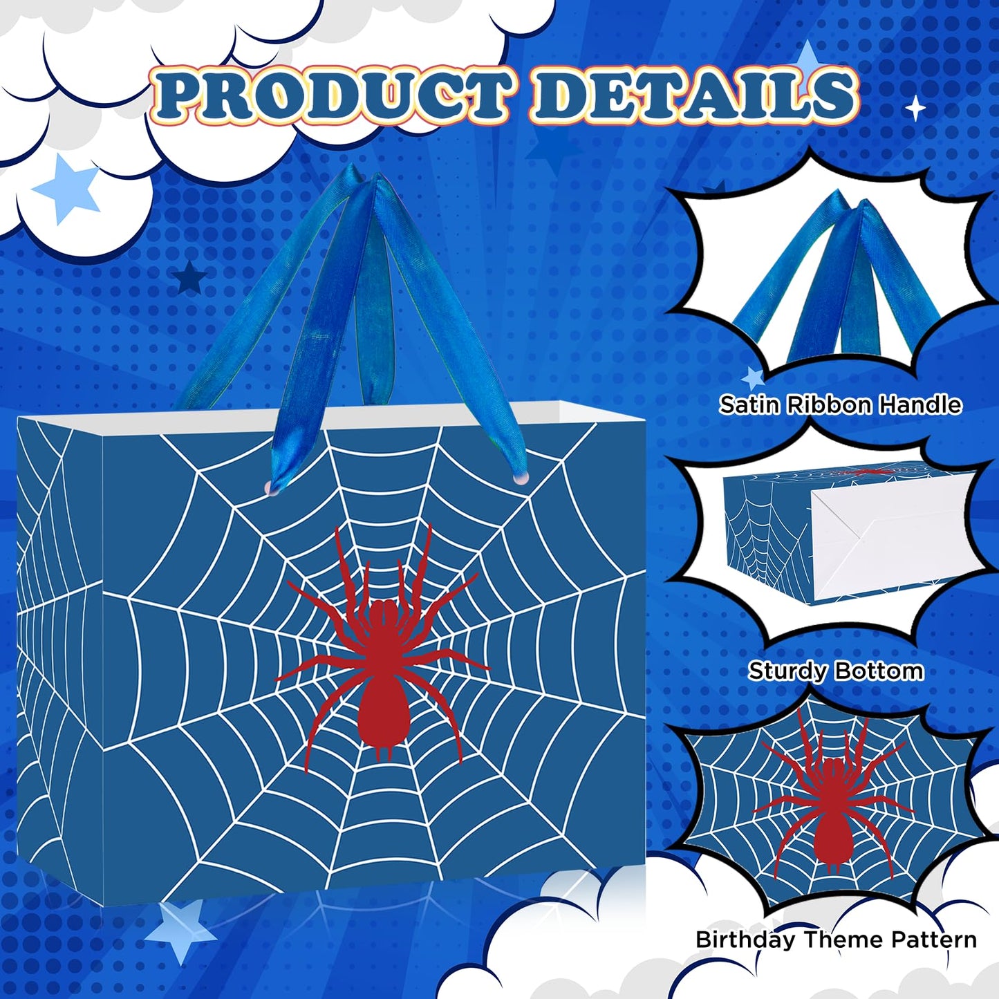 Yomaiha Blue Spider Birthday Gift Bag Spider Party Paper Bags with Handles Tissue Paper and Card Blue Spider Webs Wrapping Bag Spider Party Decorations for Men Girls Boys Birthday Supplies