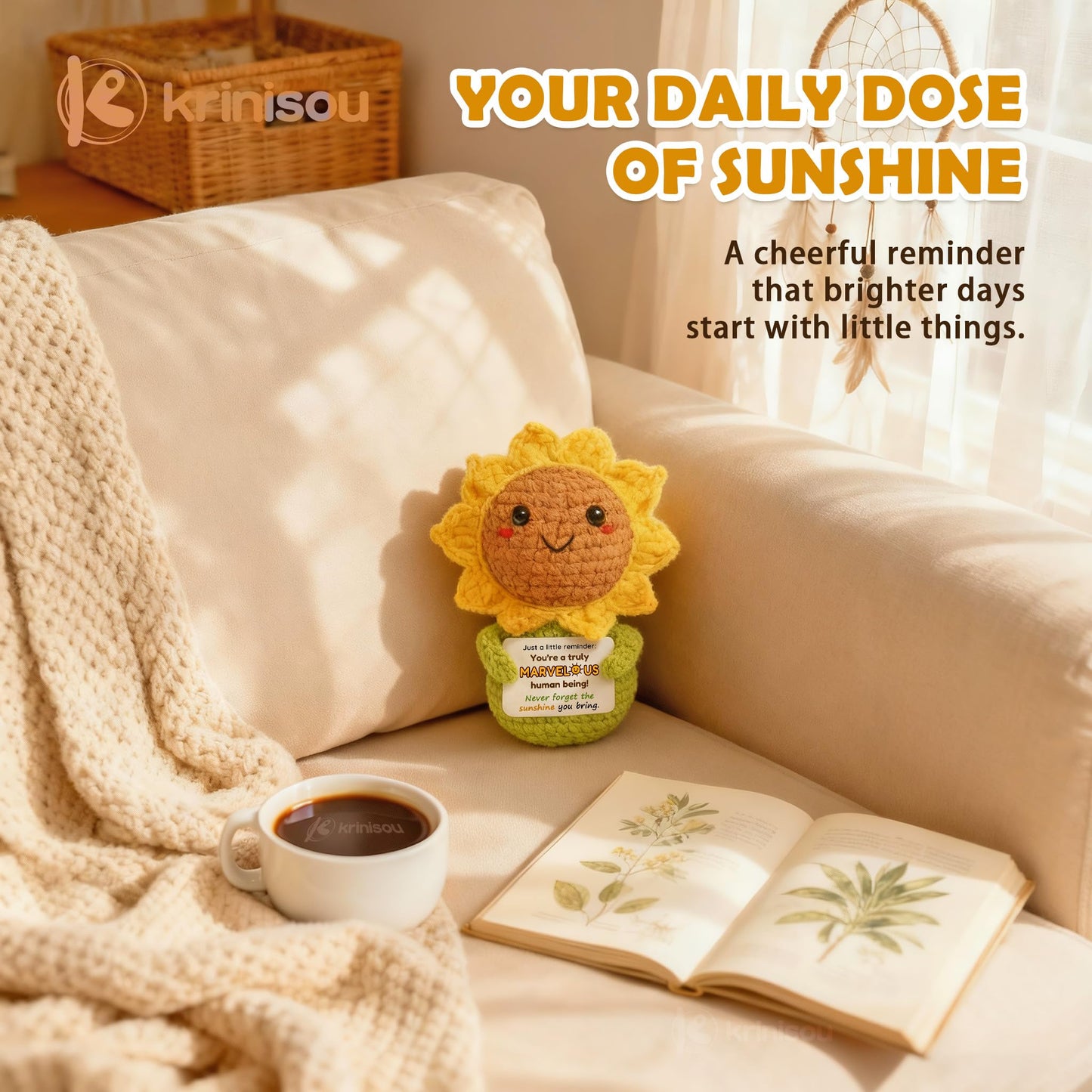Thinking of You Sunflower Gift for Women – Crochet Sun Flower “You’re Marvelous”, Positive Affirmation Desk Decor, Uplifting Cheer Up & Encouragement Gift for Best Friend or Coworker