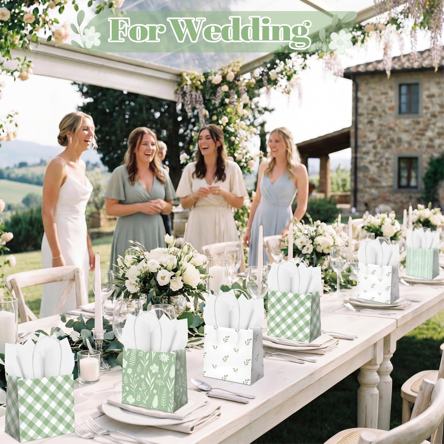 Silkfly 24 Pack Mini Sage Green Gift Bags with Handles & Tissue Paper Small Spring Floral Flower Candy Goodie Bag for Women Baby Shower Tea Party Bridesmaid Birthday Wedding Supplies, 5x5x3 Inch