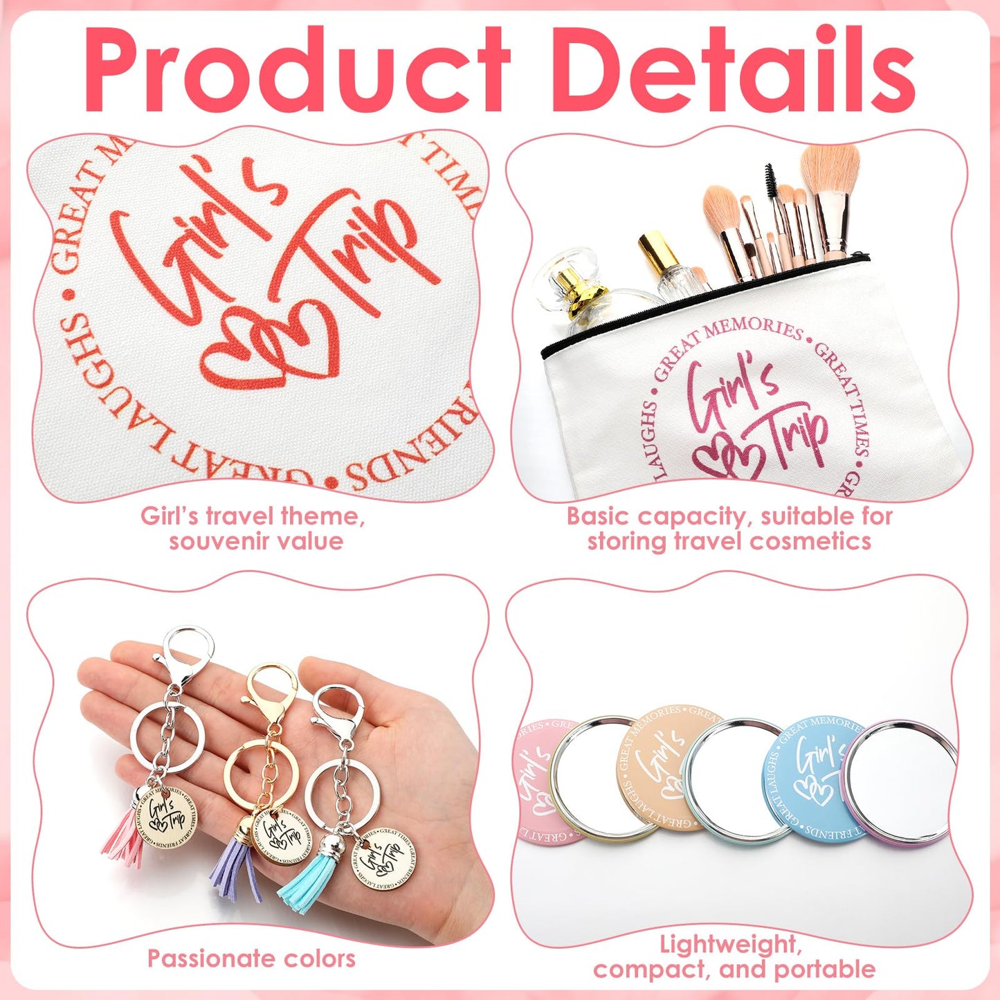 Liliaafar 24 Pcs Girls Trip Gift Favors 6 Makeup Bags 6 Keychains 6 Travel Mirrors 6 Getaway Bracelets Girls Weekend Cosmetic Pouch for Sisters Friends Bestie Bachelorette Party Supplies