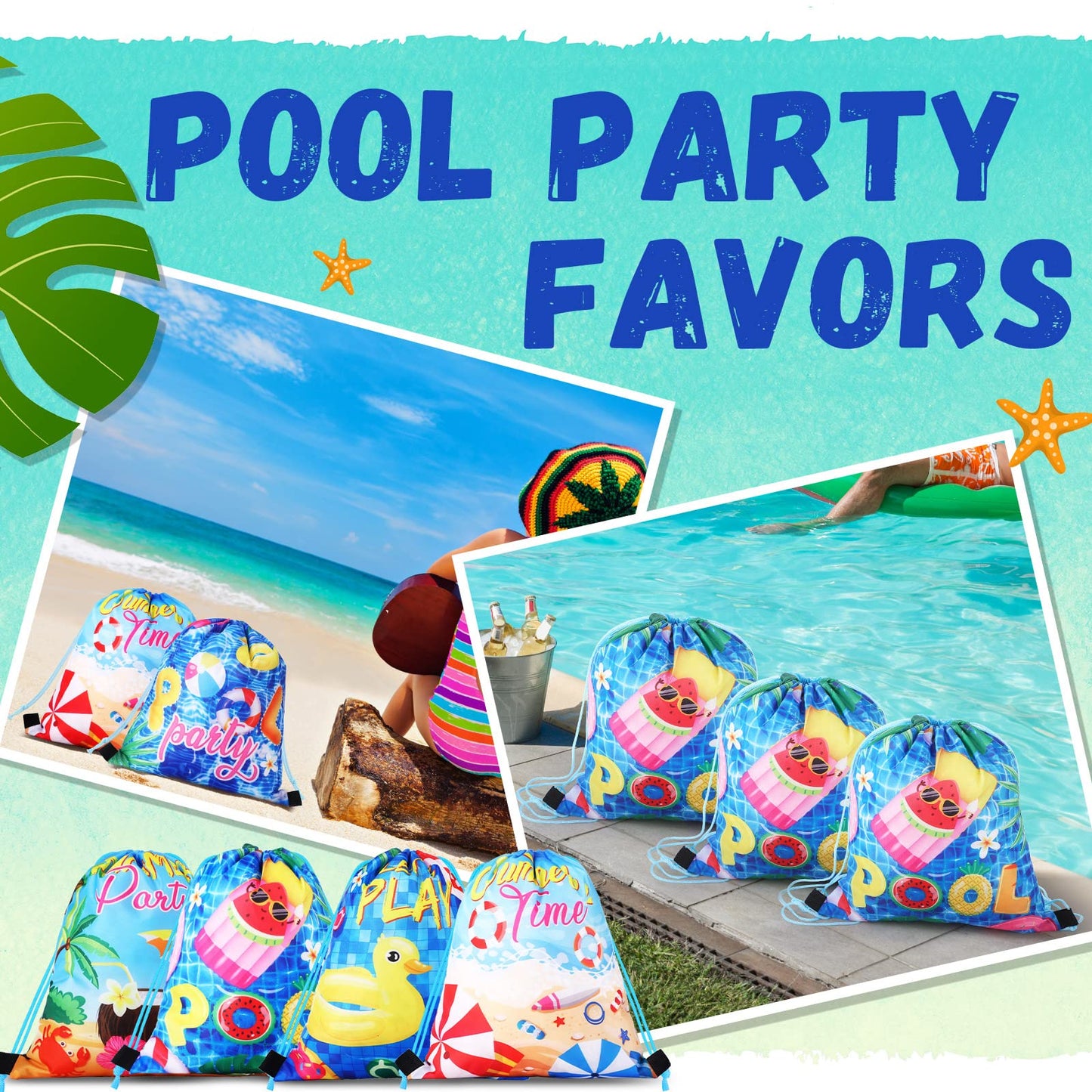 Hosuly 24 Pcs Summer Pool Party Favor Drawstring Bags Hawaiian Backpacks Swimming Pool Party Decoration Goodie Treat Gift Bags Beach for Kids Boy Girl Summer Birthday Beach Hawaiian Supplies