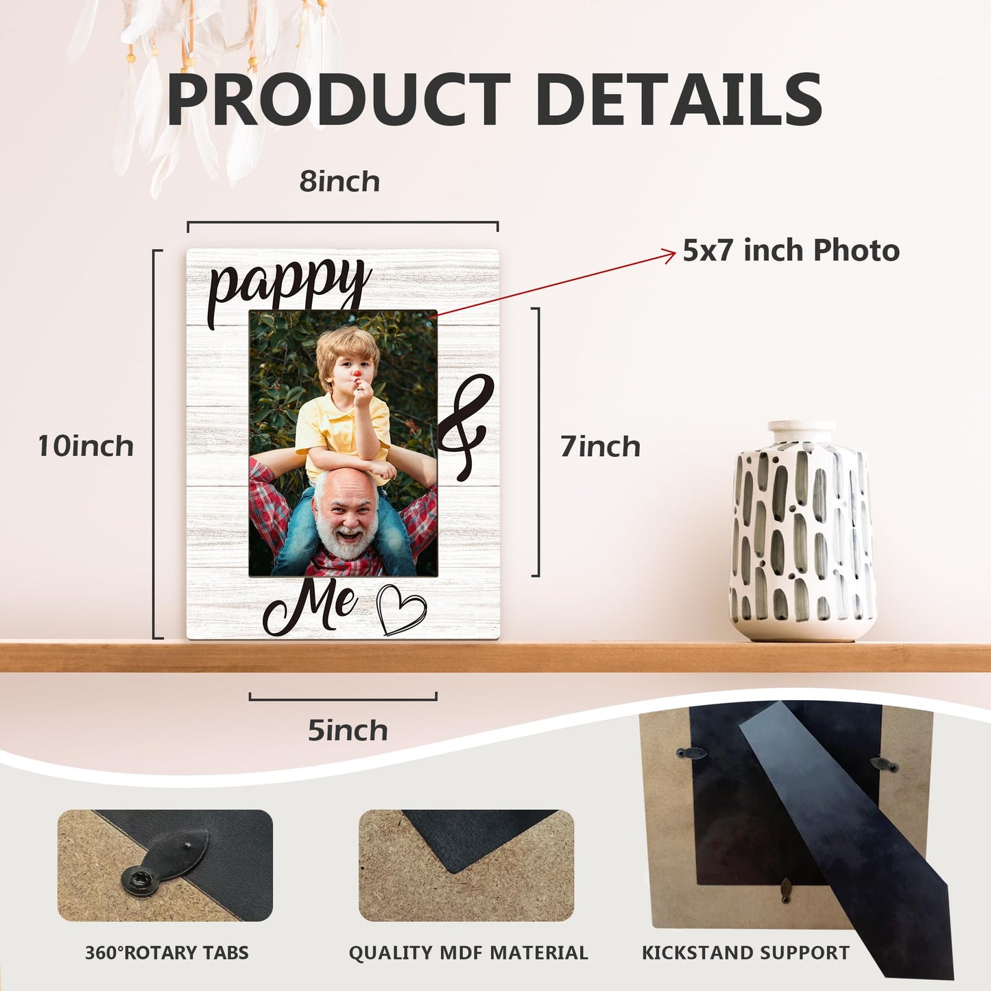 Pappy Gifts Picture Frame 5x7, Pappys Photo Frame, Christmas Fathers Day Birthday Gifts for Pappys from Grandkids Grandchildren, Pappy and Me Wooden Picture Photo Frames for Desk Room Decor