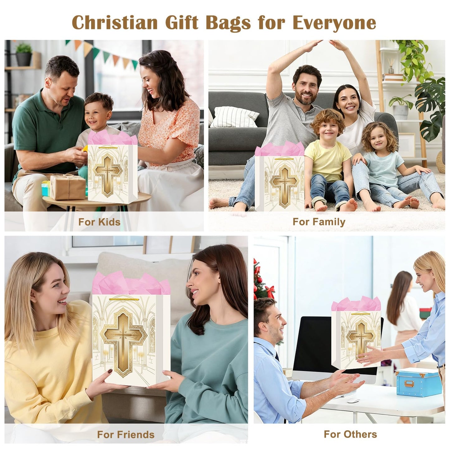 FaCraft Religious Gift Bag with Tissue Paper - Gold Cross First Communion Baptism Gift Bag for Boys Girl Baby Women Men - Catholic Christian Bags with Handle for Christenings Easter Wedding Clergy Day