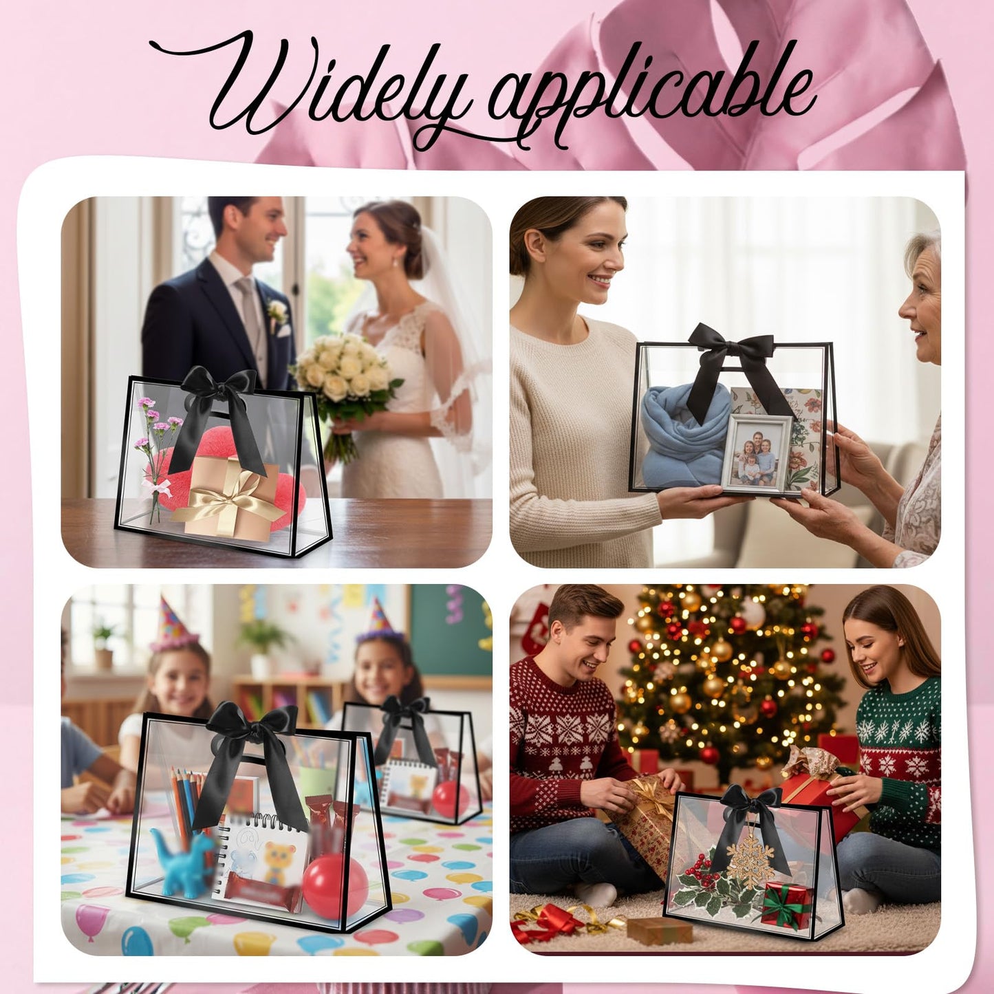 Oqqlin 12 Pcs Black Clear Gift Bags with Handles, 12.2 x 5.1 x 9.8 Inch Plastic Party Favor Bags with DIY Ribbon Reusable Goodie Tote Bag for Wedding, Birthday, Valentine's Day, Baby Shower