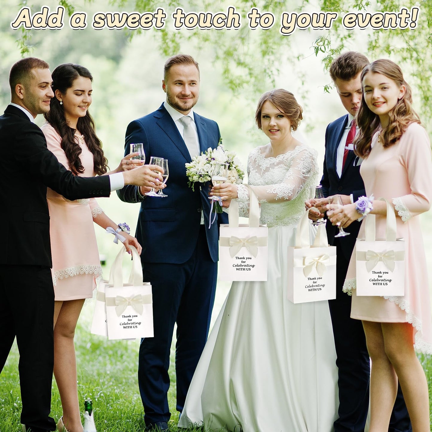 50 Pcs Wedding Gift Bags for Guests Bulk with Bow Ribbon Handles 6.2x7.2x2.5 Inch Wedding Favor Bag Thank You Gift Bags for Party Favor Bridesmaid Bags Bridal Shower Valentine Birthday Supplies(Beige)